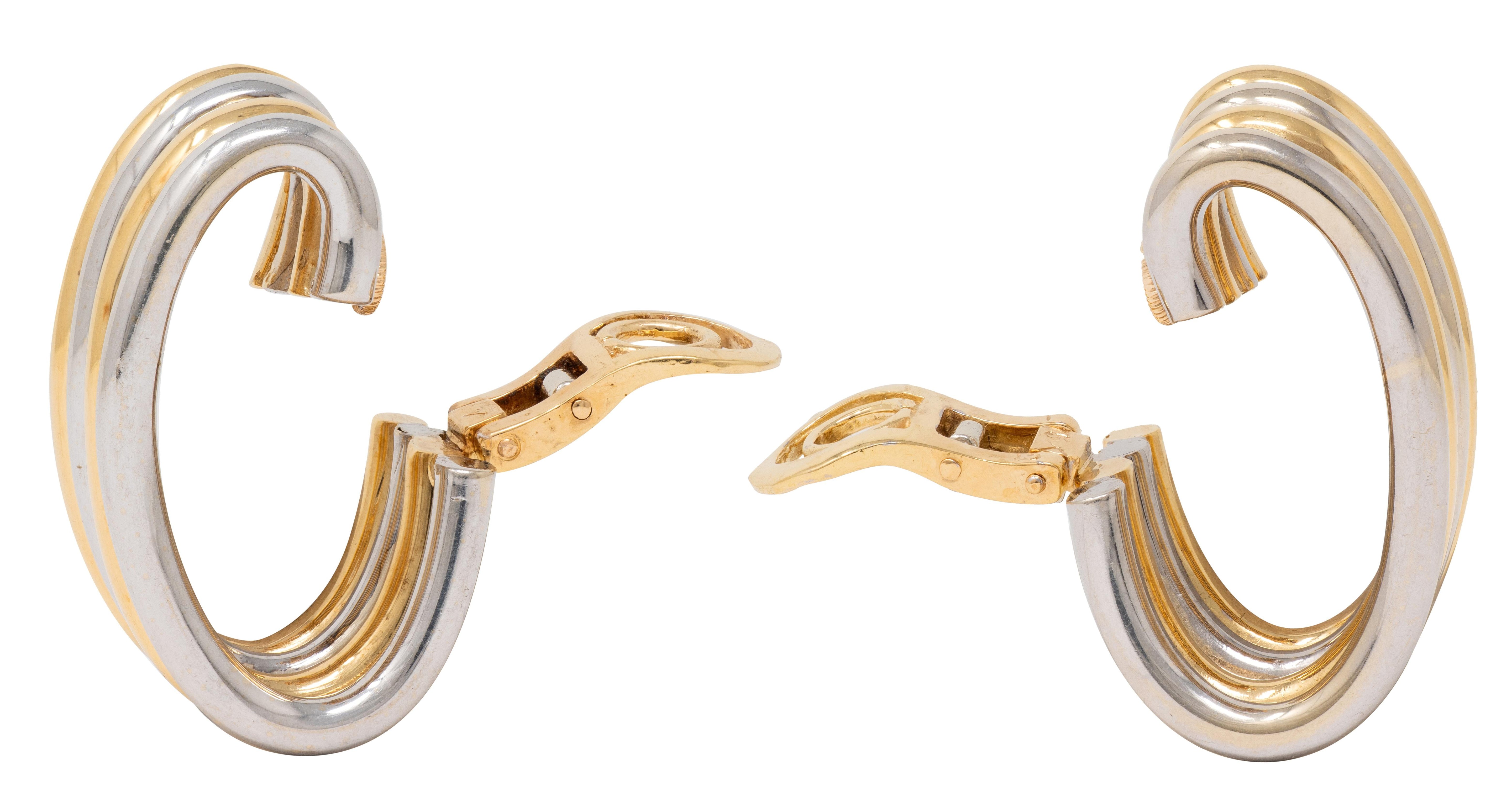 Bulgari French 1970's 18 Karat Two-Tone Gold Vintage J-Hoop Ear-Clip Earrings