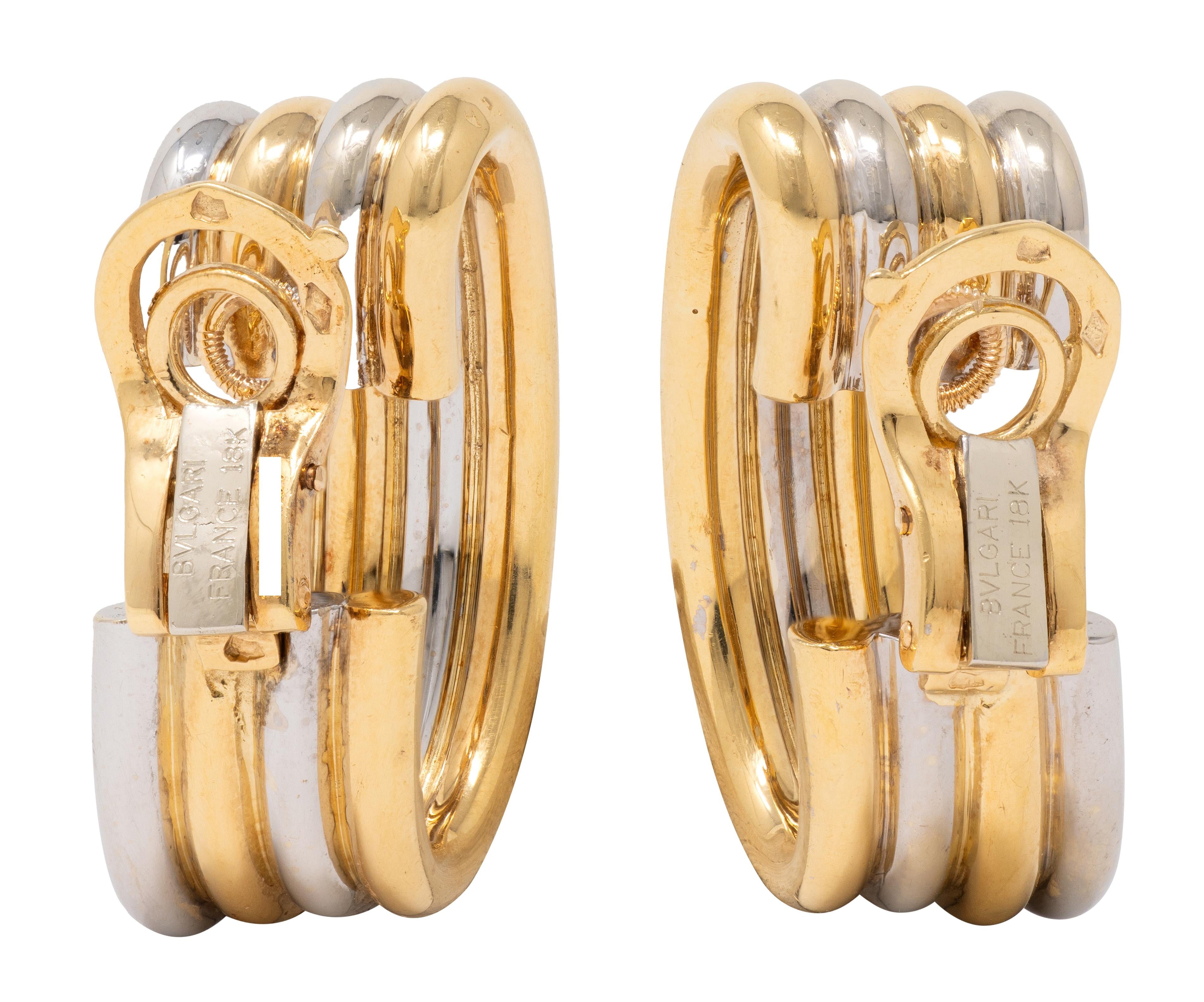 Bulgari French 1970's 18 Karat Two-Tone Gold Vintage J-Hoop Ear-Clip Earrings