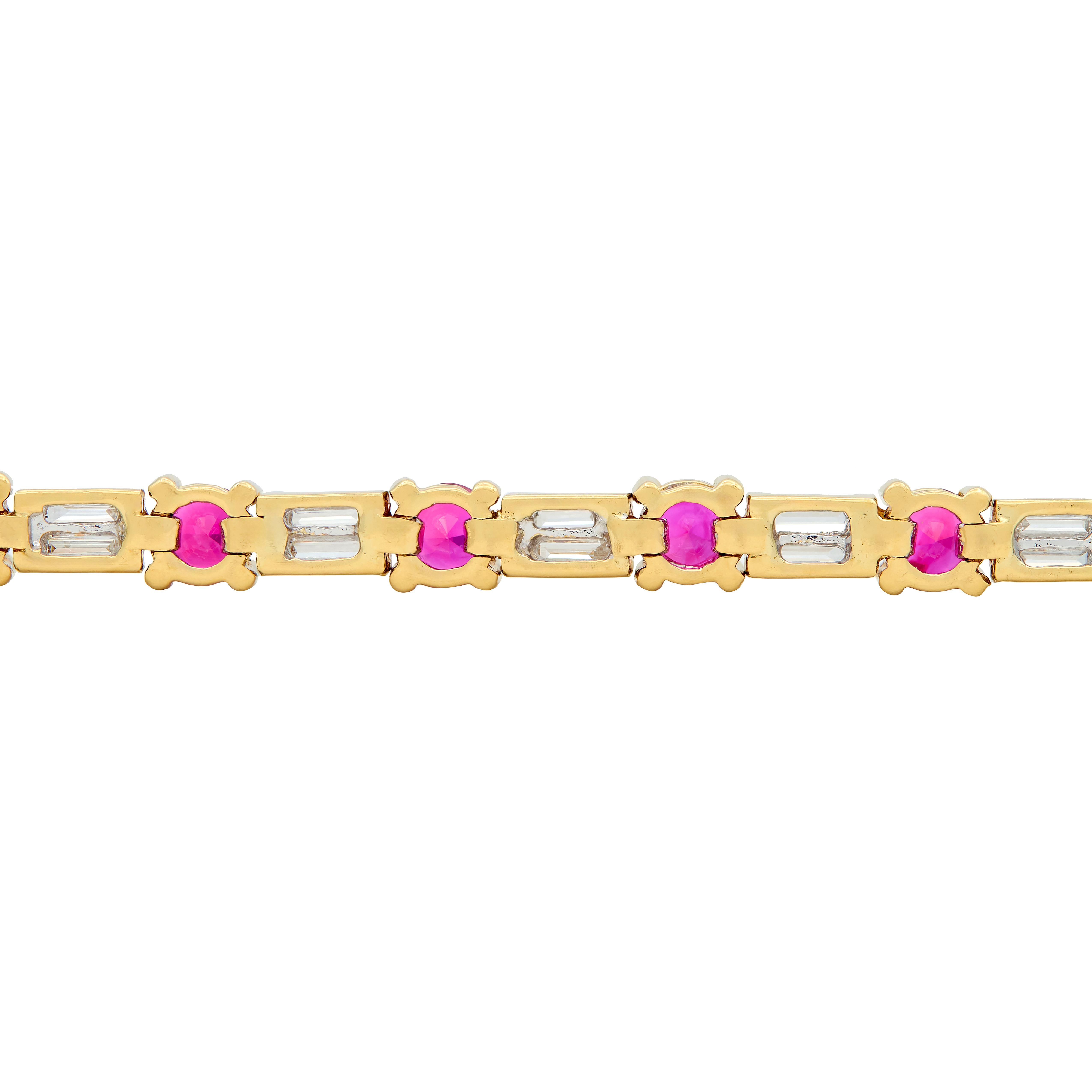2000's 6.40 CTW Diamond Ruby 18K Yellow Gold Vintage Dash & Dot Line Bracelet