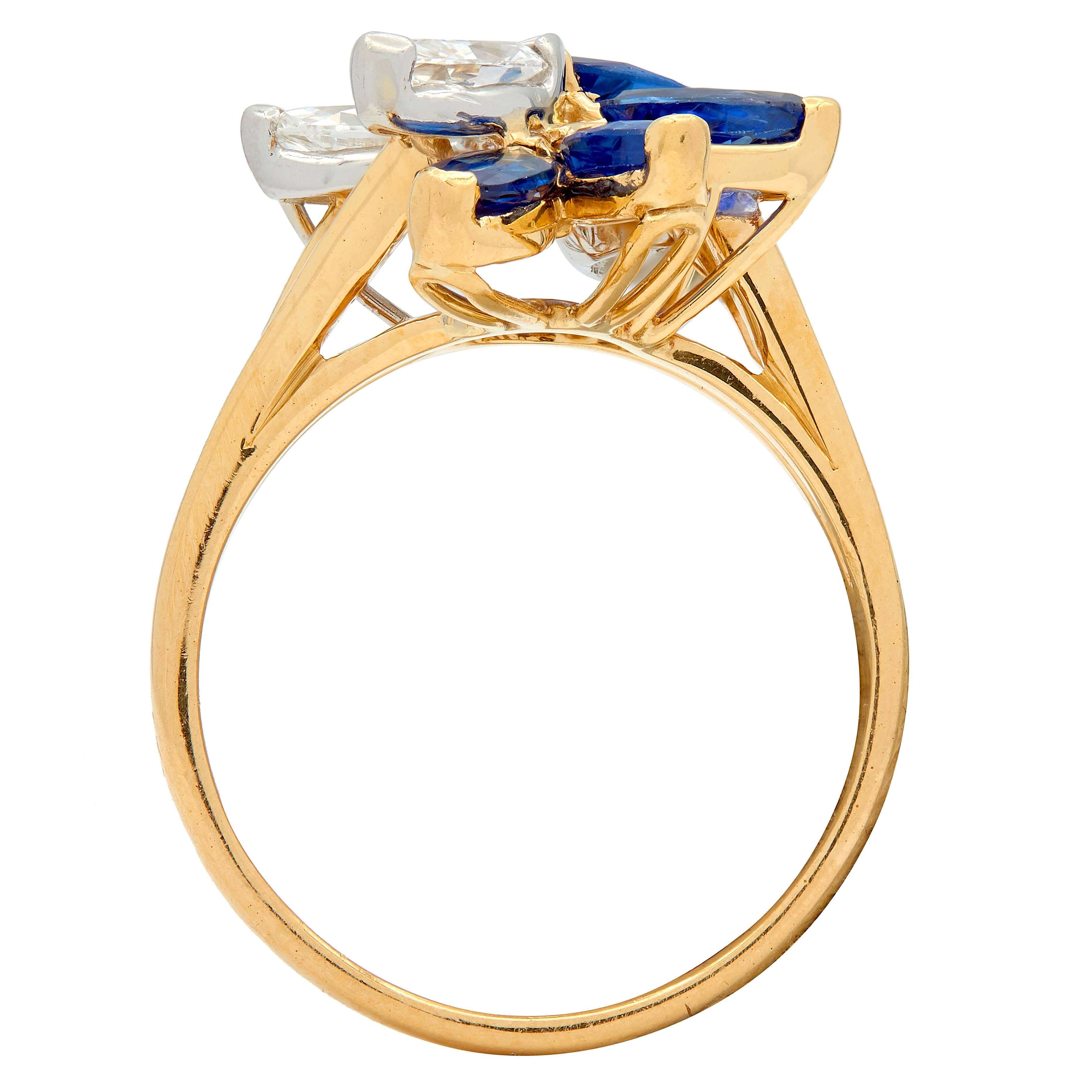 1980's Sapphire Diamond 18 Karat Yellow Gold Platinum Vintage Cluster Ring