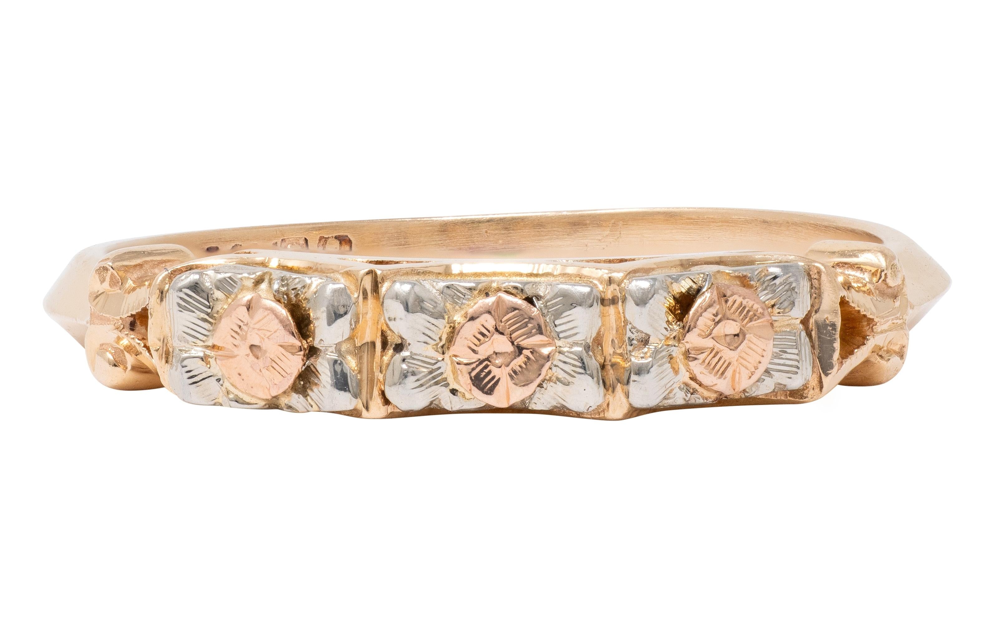 Retro 14 Karat Tri-Colored Gold Vintage Orange Blossom Floral Wedding Band Ring