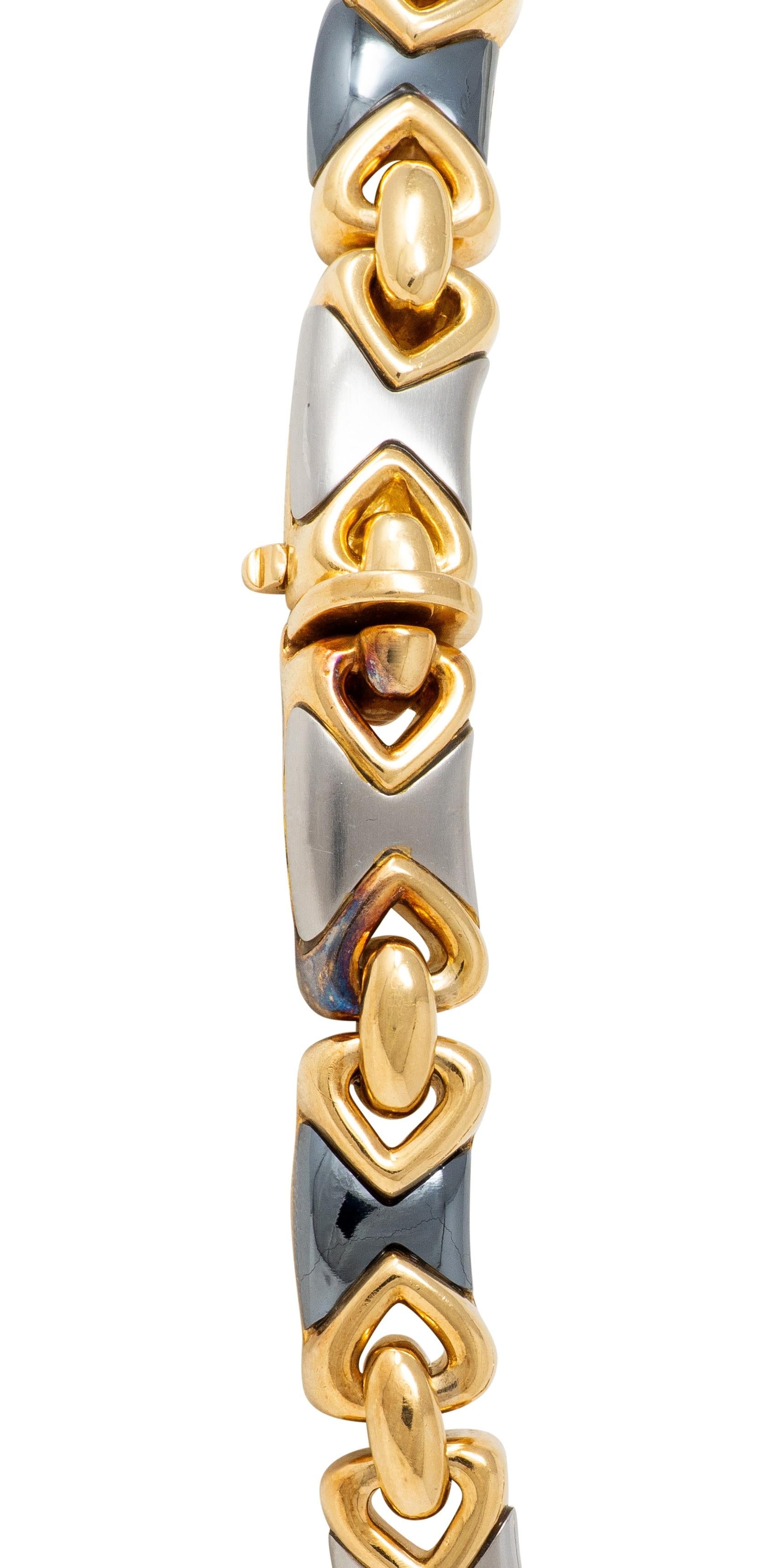 Bulgari 1980's 18 Karat Yellow Gold Hematite Steel Vintage Doppio Cuore Necklace