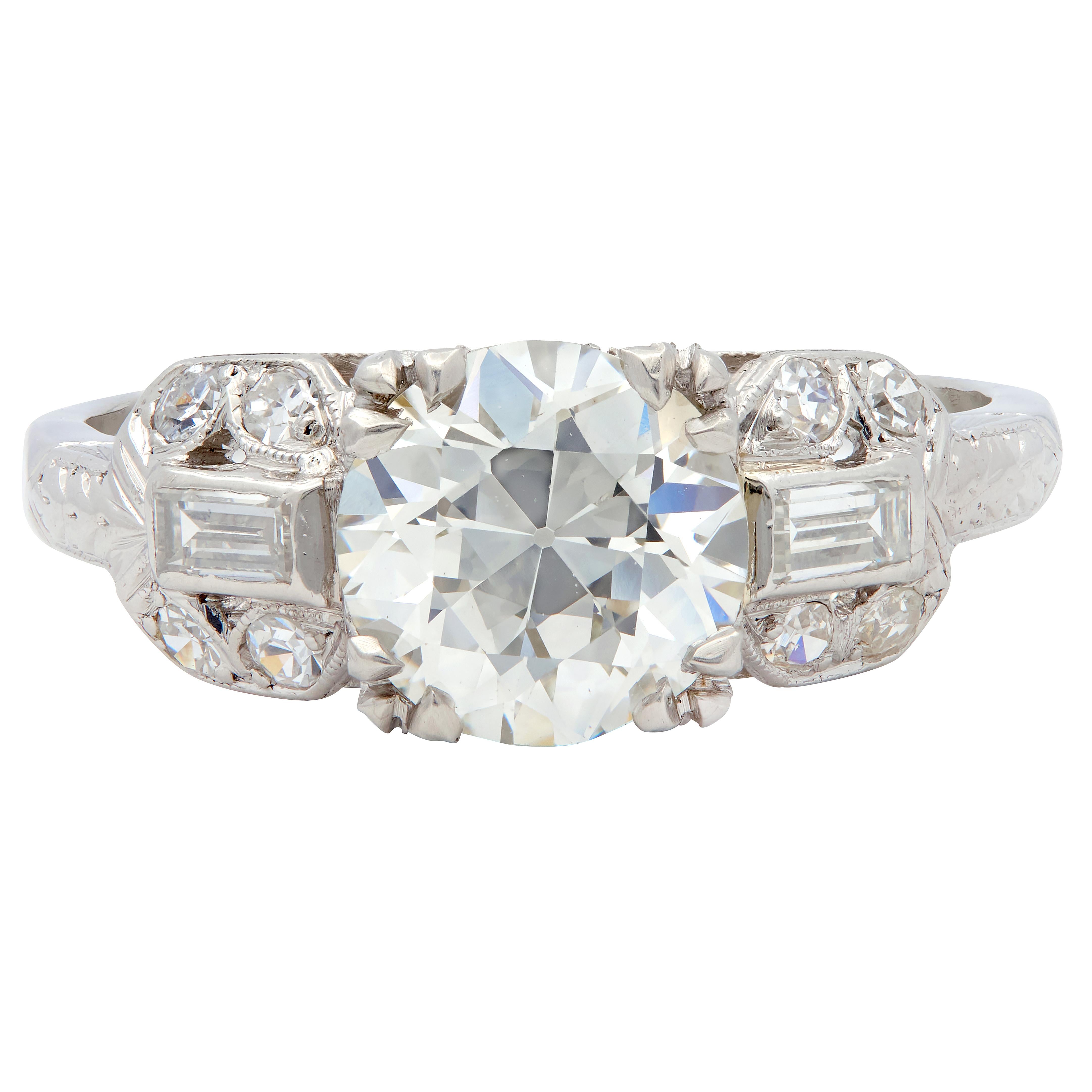 Art Deco Old European Diamond Platinum Wheat Square Form Engagement Ring