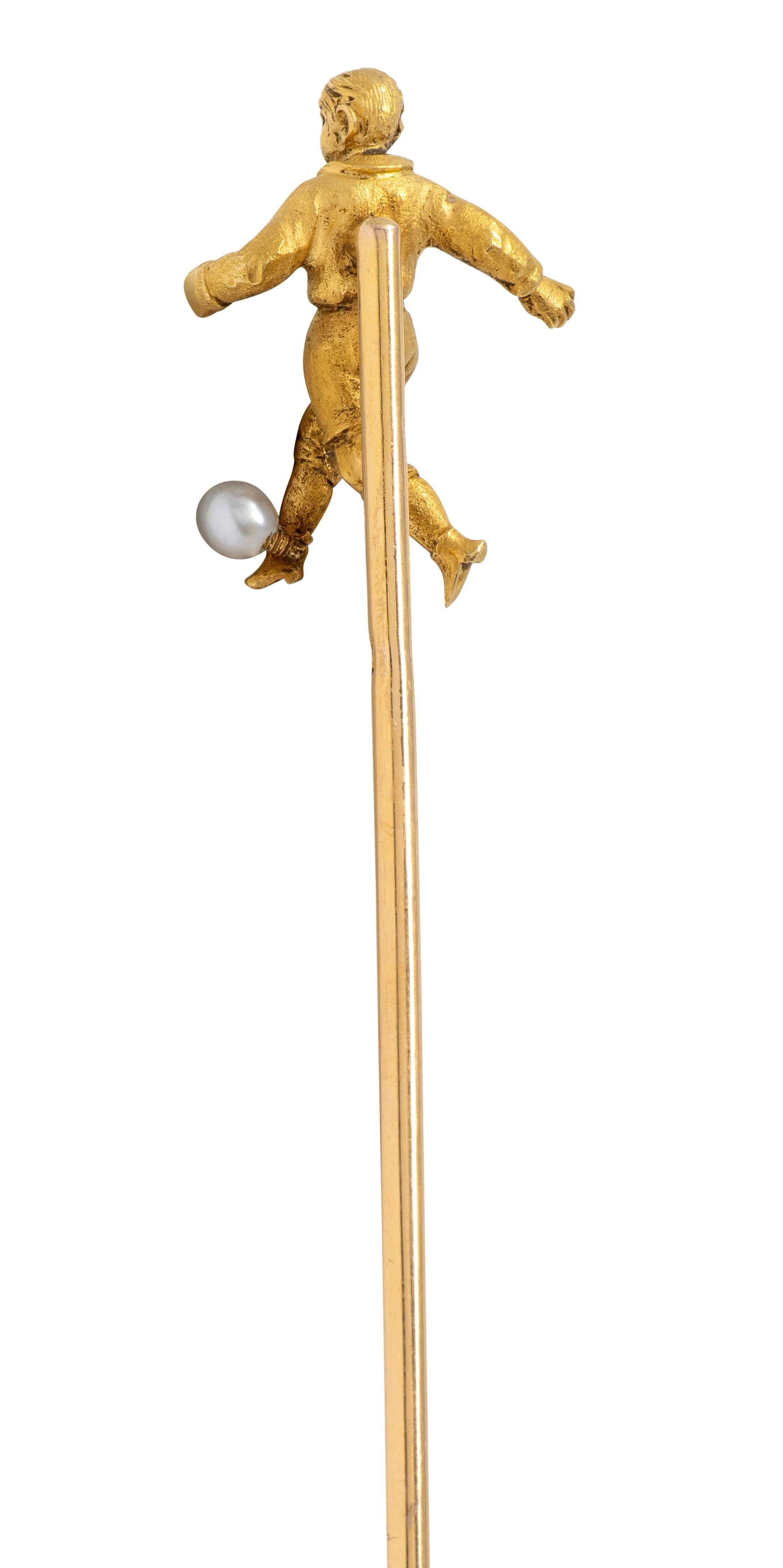 French Edwardian Pearl 18 Karat Yellow Gold Antique Soccer Stickpin