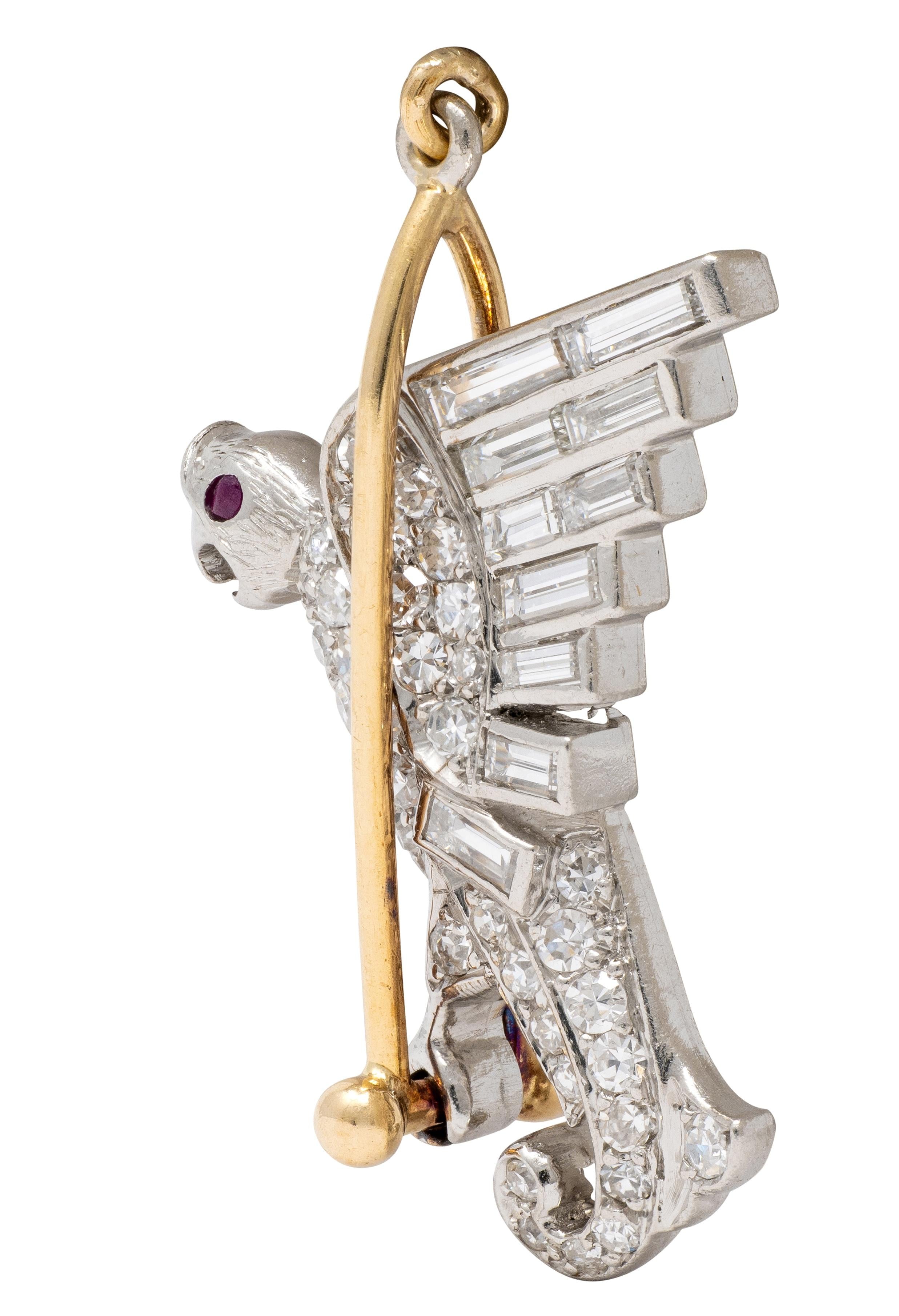 Art Deco Diamond Ruby 18 Karat Yellow Gold Platinum Vintage Parrot Bird Charm