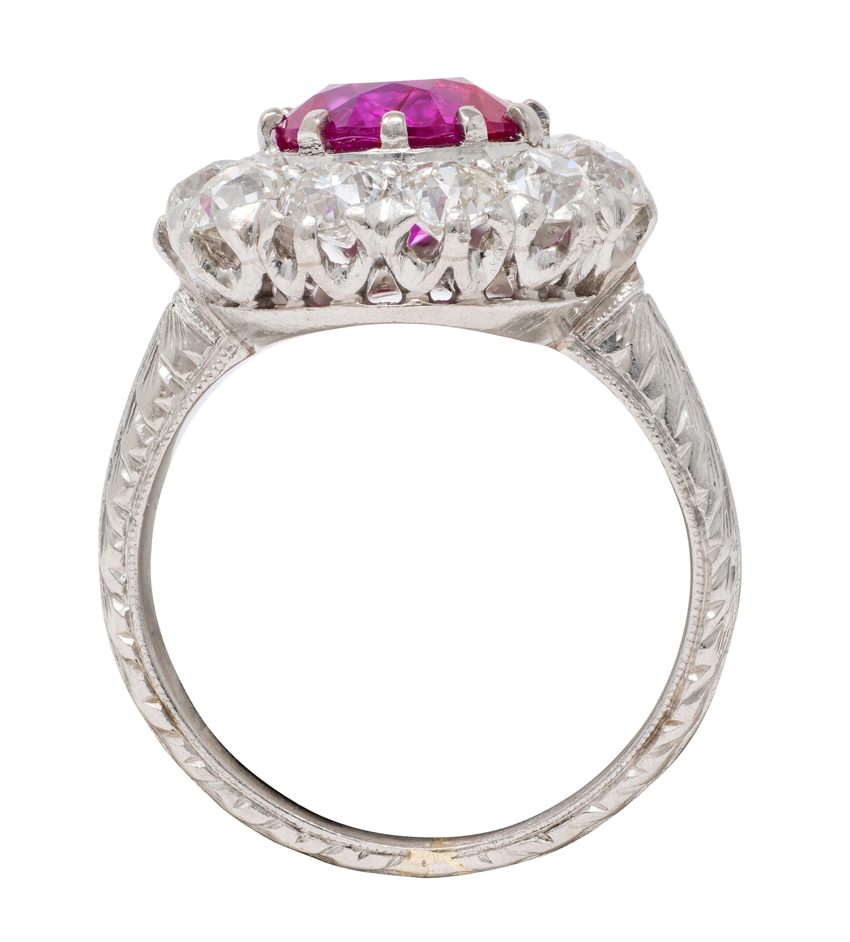 Edwardian 3.47 CTW No Heat Burma Ruby Diamond Platinum Antique Fanning Halo Ring