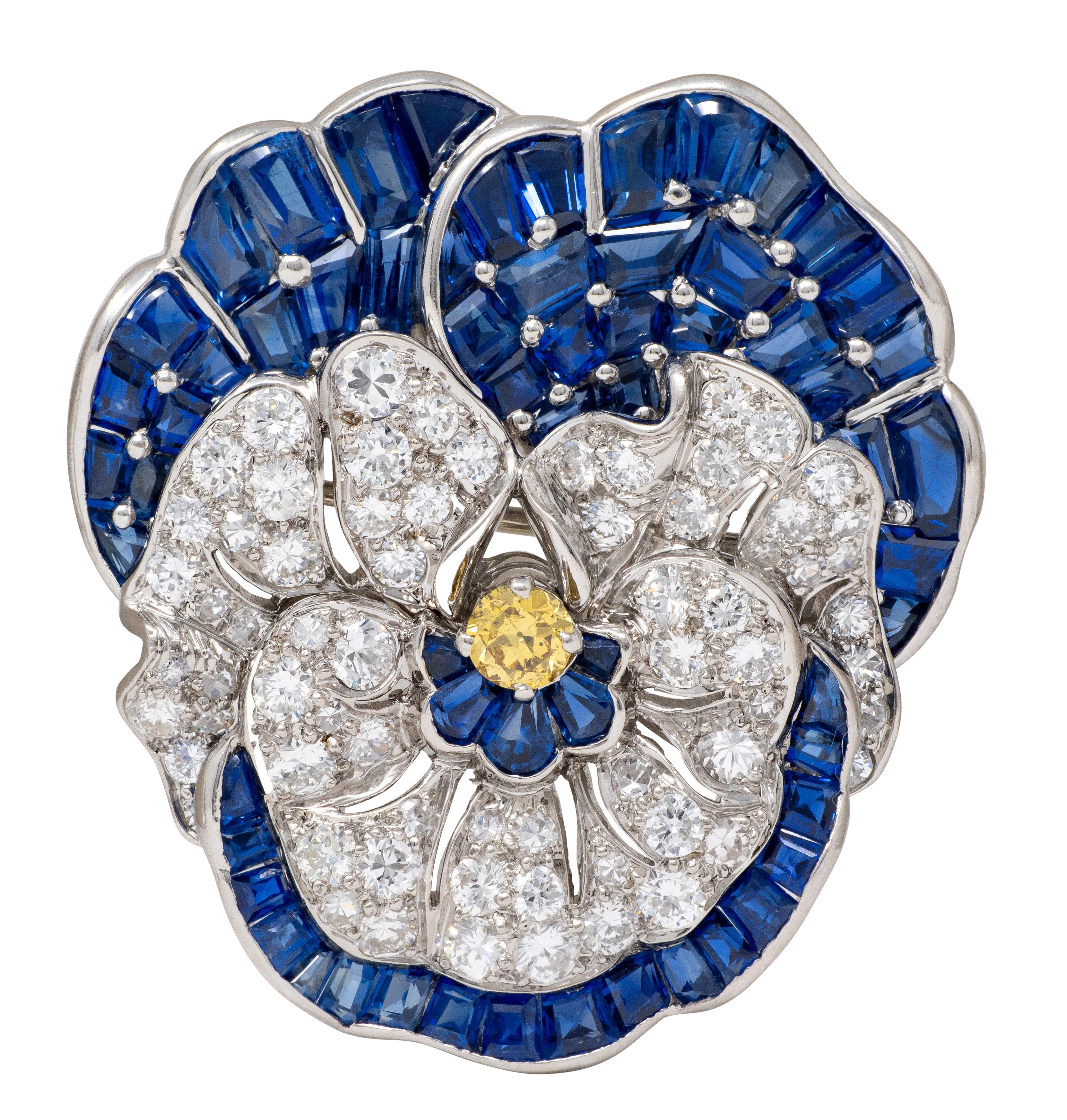 Vintage 1950's Diamond Sapphire Platinum Pansy Flower Brooch