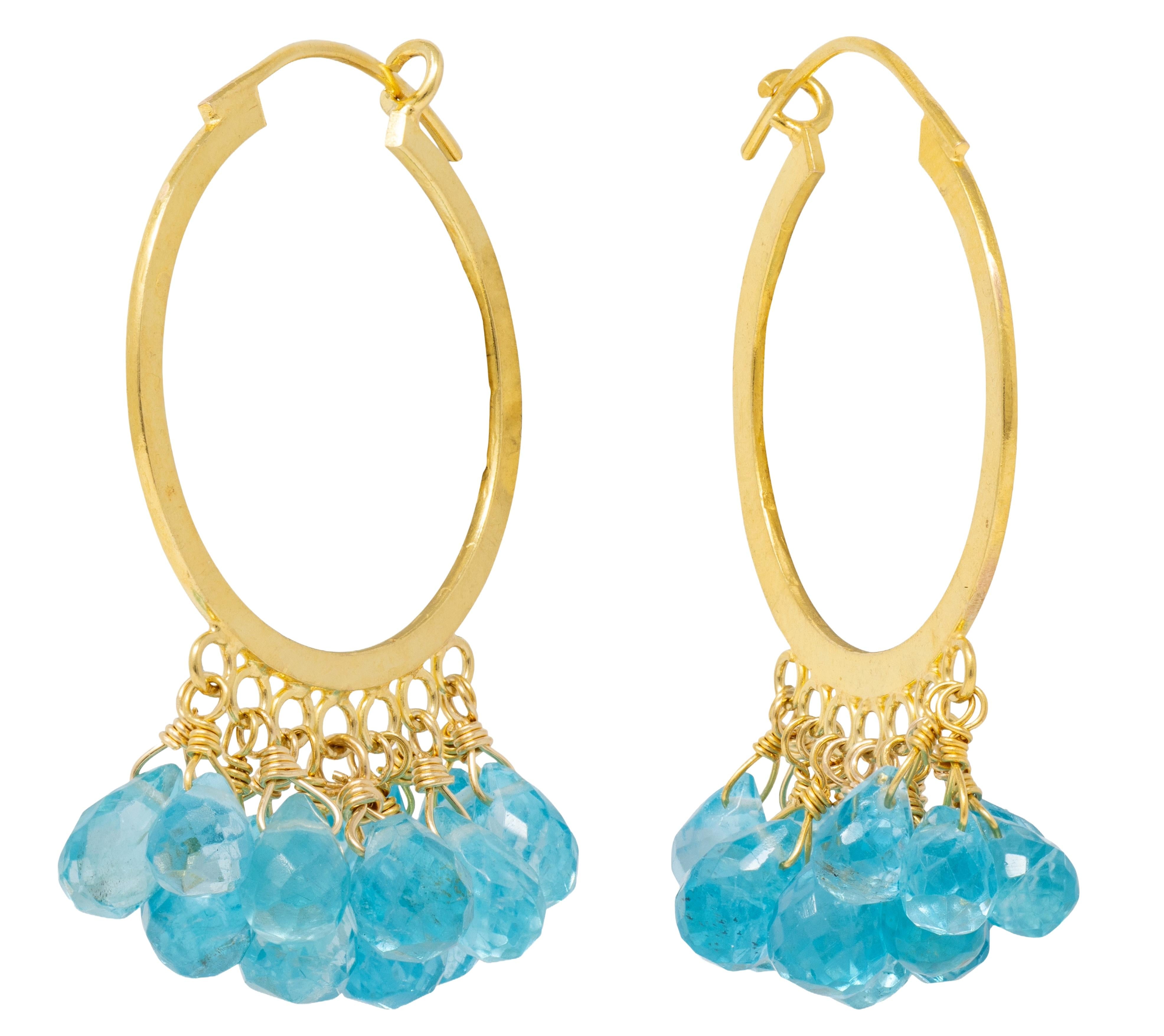 2000's Apatite 18 Karat Yellow Gold Beaded Fringe Hoop Earrings