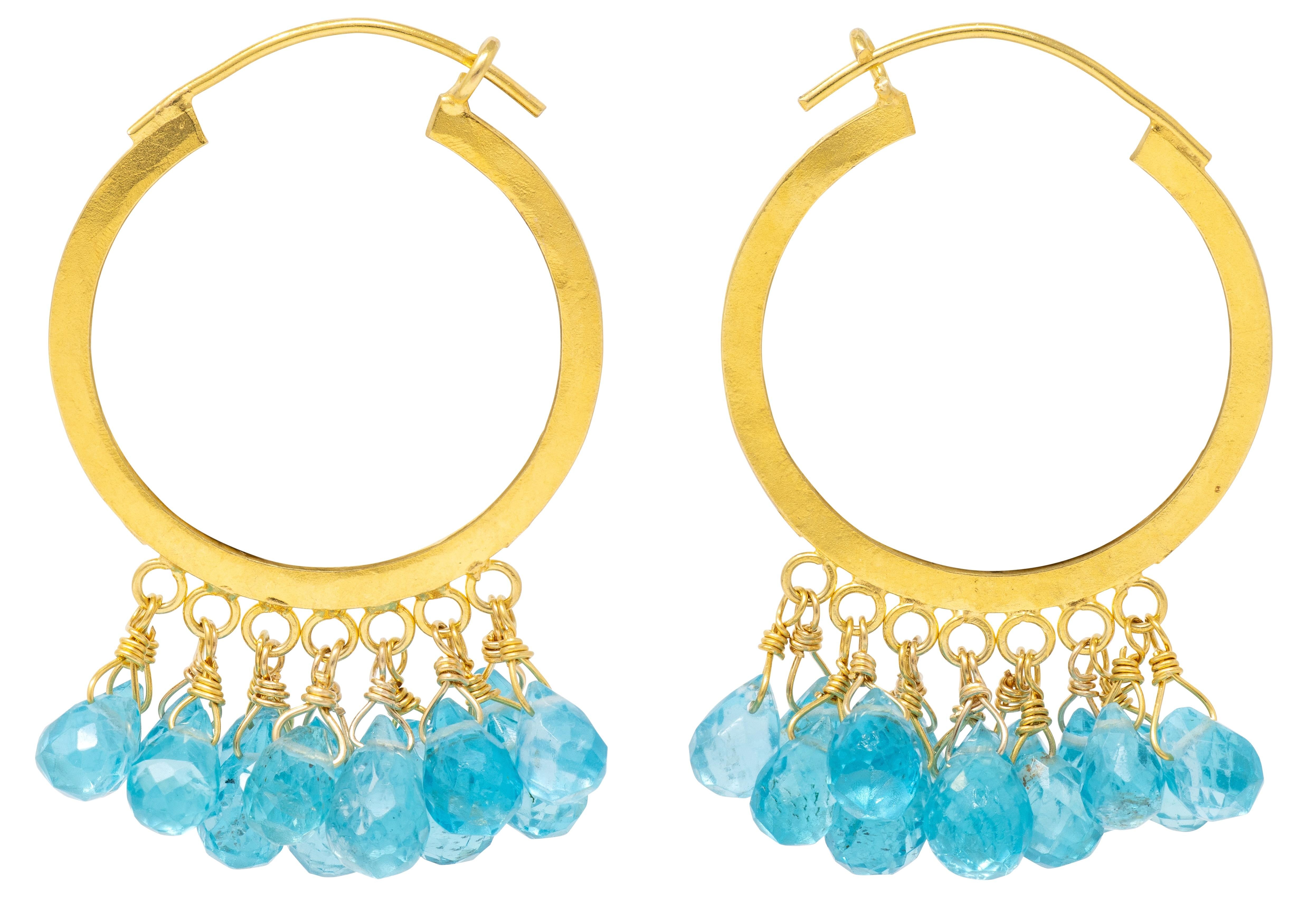 2000's Apatite 18 Karat Yellow Gold Beaded Fringe Hoop Earrings