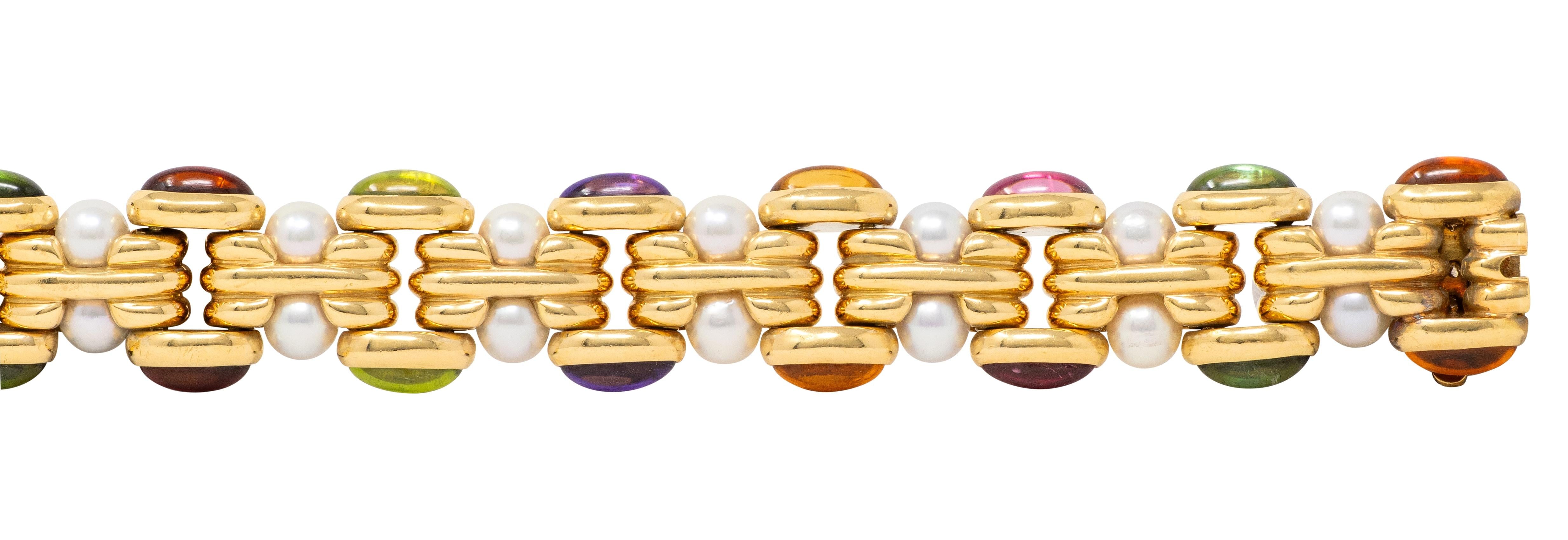 Bulgari 1980's Multi-Gem Citrine Pearl 18K Yellow Gold Vintage Link Bracelet