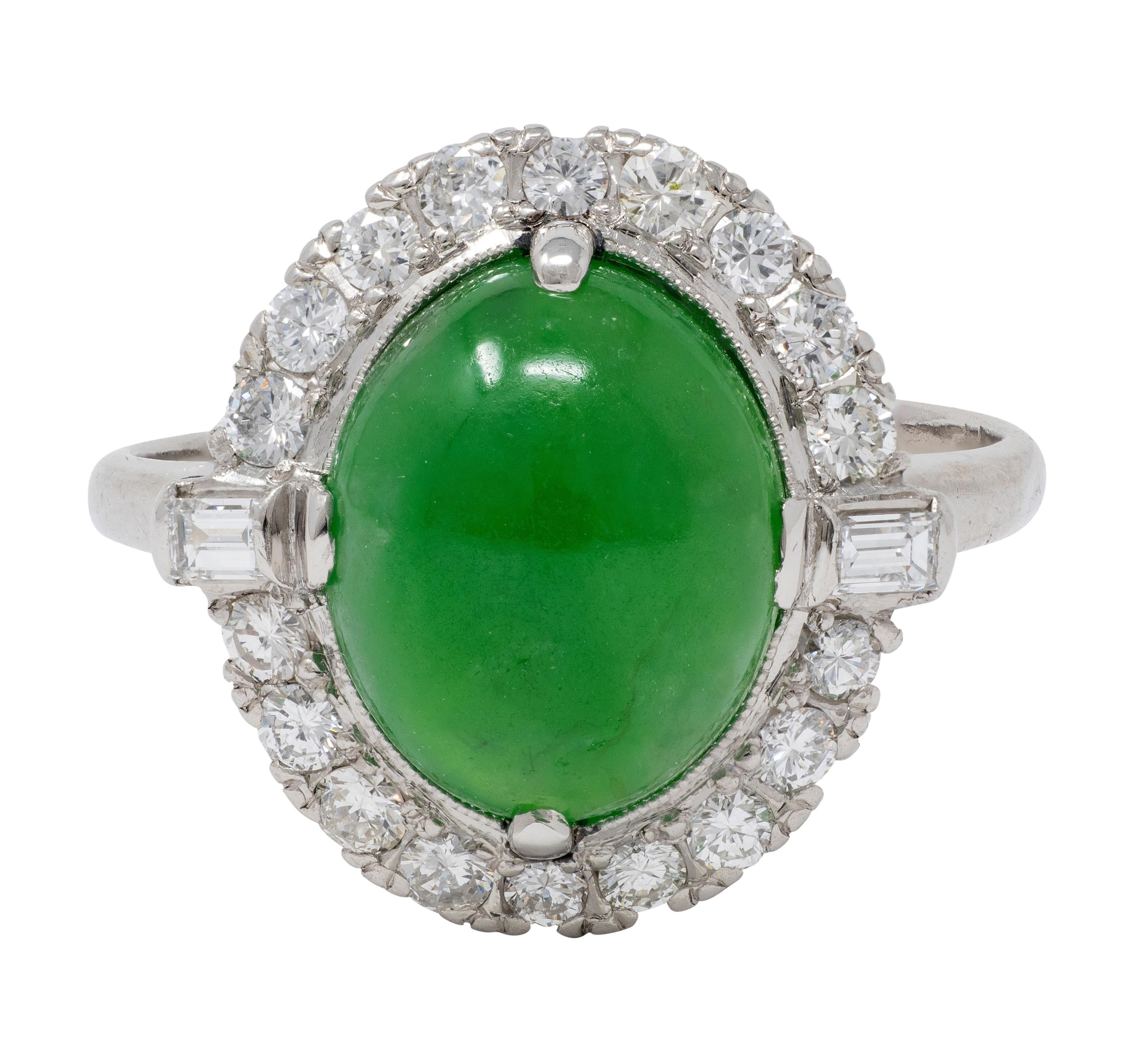 Mid-Century Jade Diamond Platinum Vintage Halo Cocktail Ring