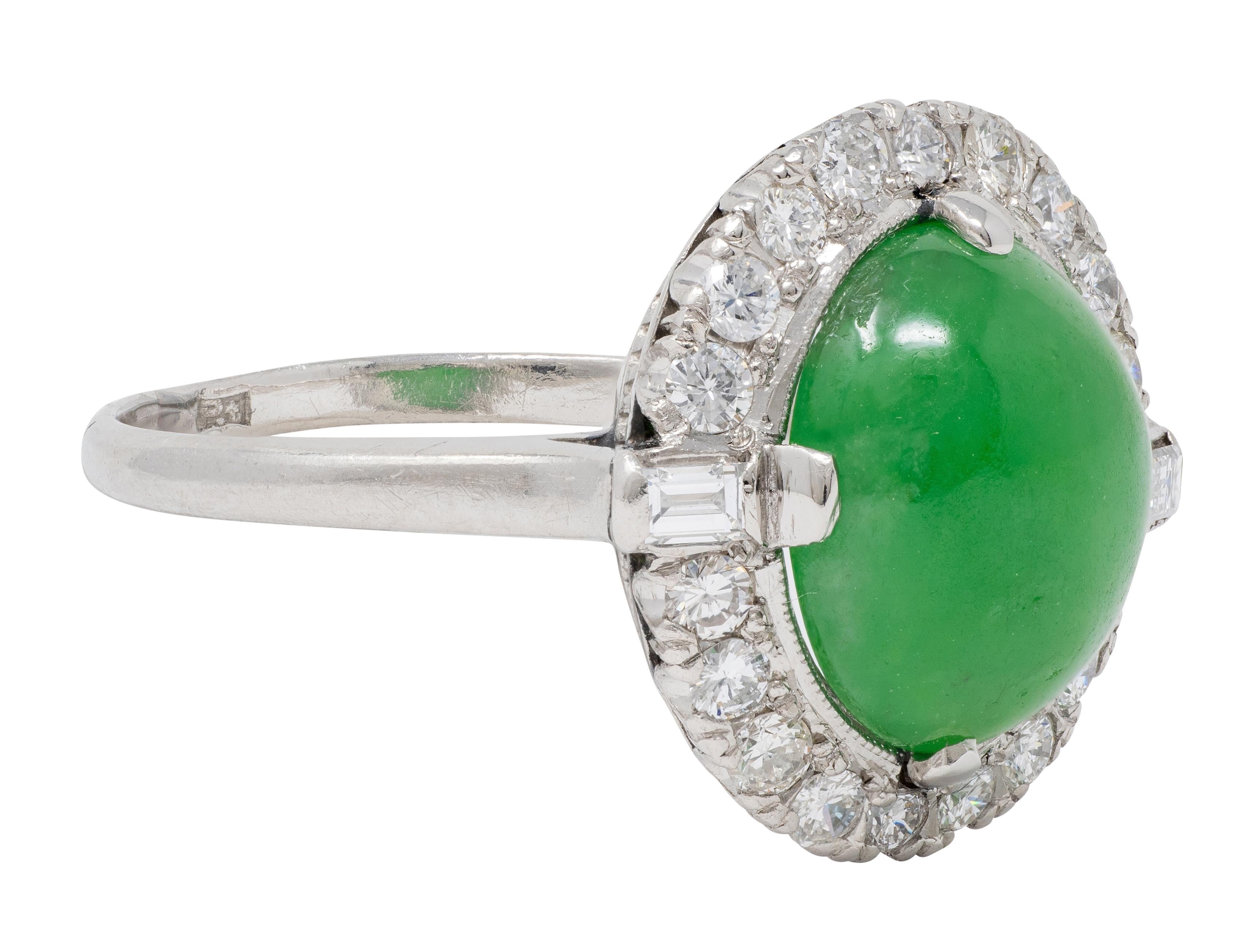 Mid-Century Jade Diamond Platinum Vintage Halo Cocktail Ring