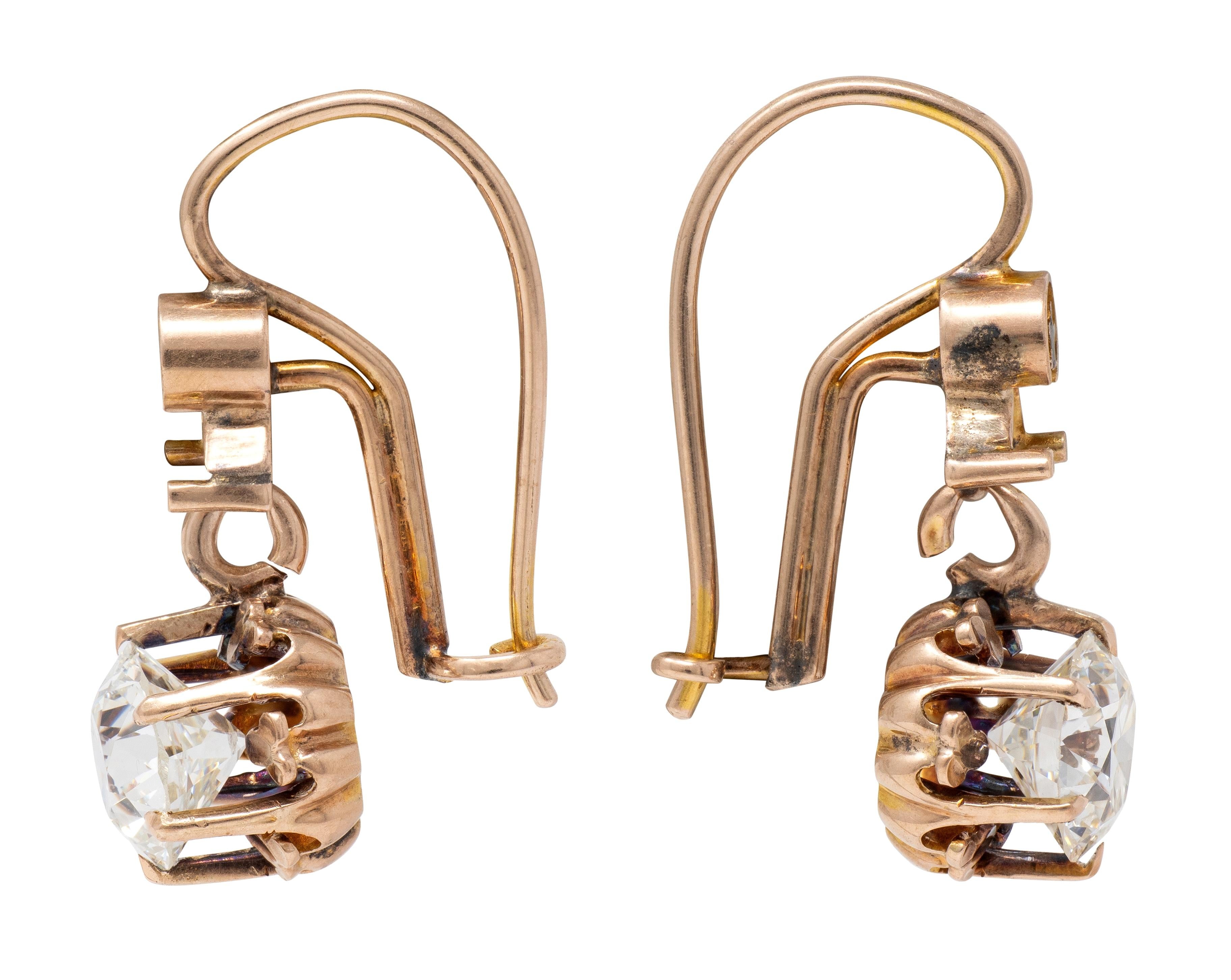 Victorian 2.08 CTW Diamond 14 Karat Rose Gold Antique Belcher Drop Earrings