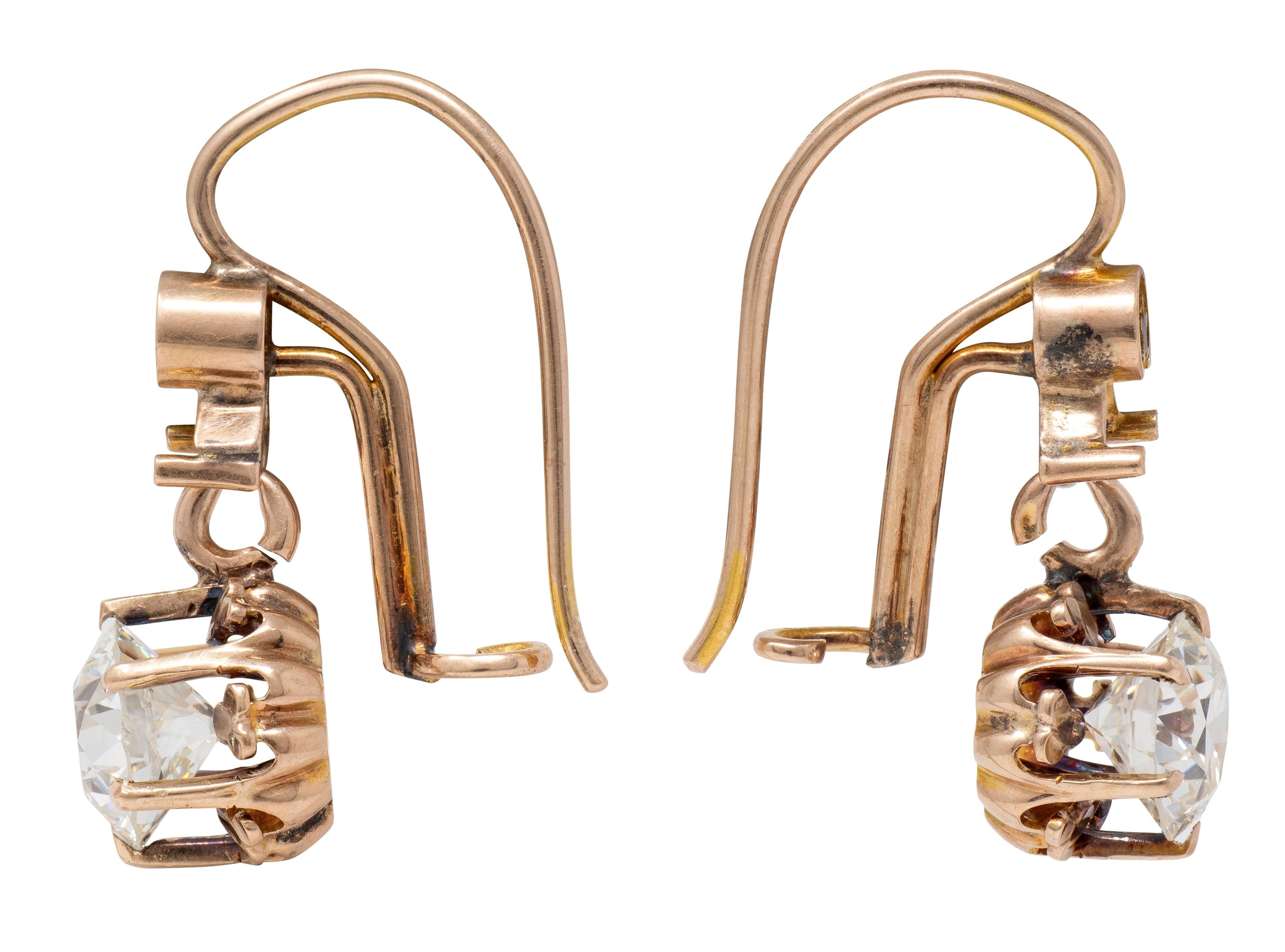 Victorian 2.08 CTW Diamond 14 Karat Rose Gold Antique Belcher Drop Earrings