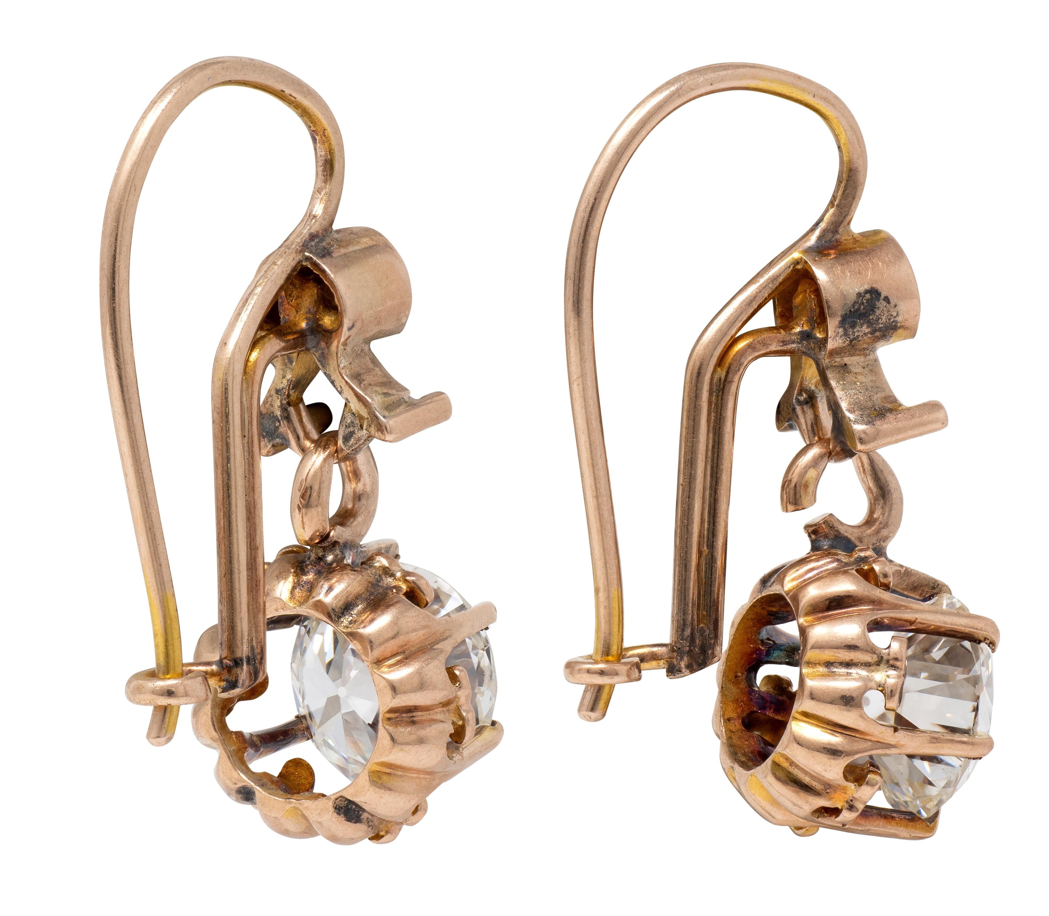 Victorian 2.08 CTW Diamond 14 Karat Rose Gold Antique Belcher Drop Earrings
