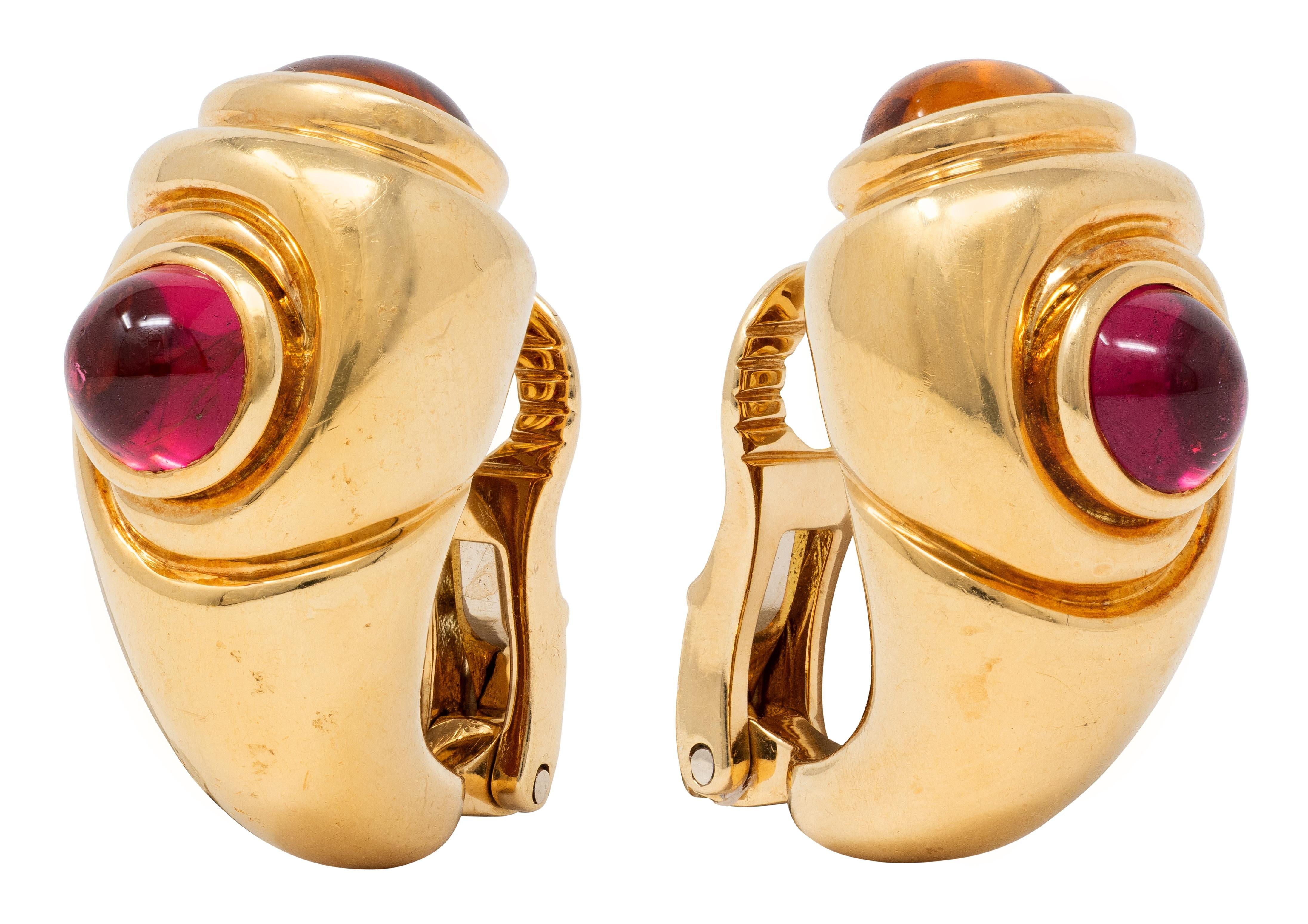 Bulgari 1980's Multi-Gem 18K Gold Vintage Passo Doppio J-Hoop Ear-Clip Earrings