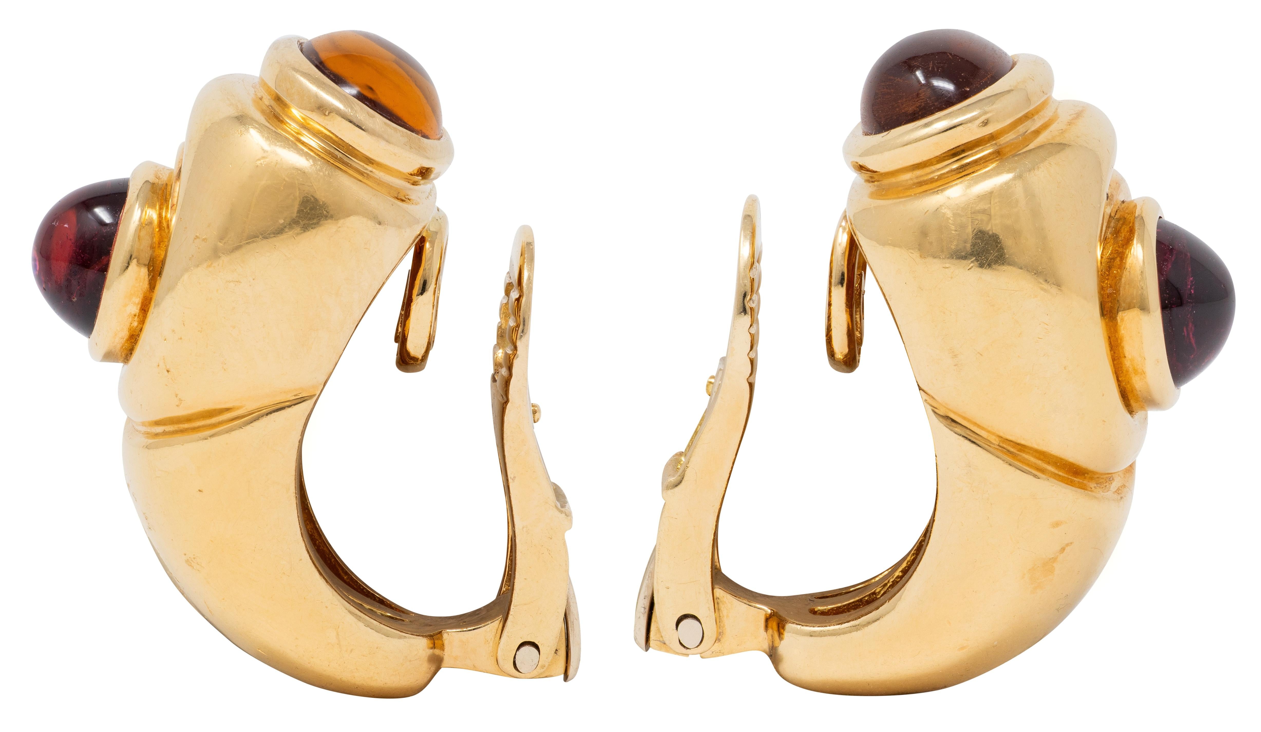 Bulgari 1980's Multi-Gem 18K Gold Vintage Passo Doppio J-Hoop Ear-Clip Earrings