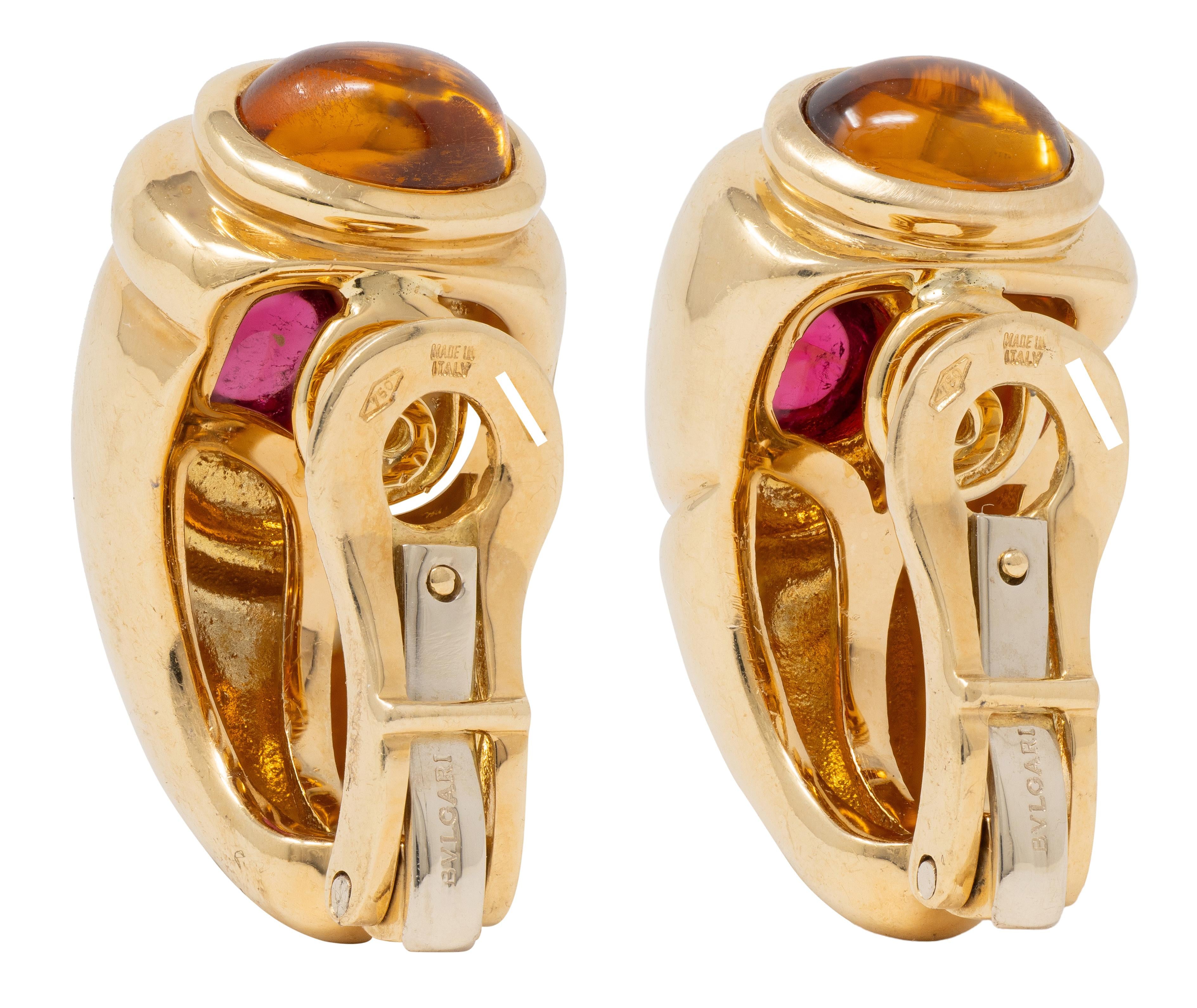 Bulgari 1980's Multi-Gem 18K Gold Vintage Passo Doppio J-Hoop Ear-Clip Earrings