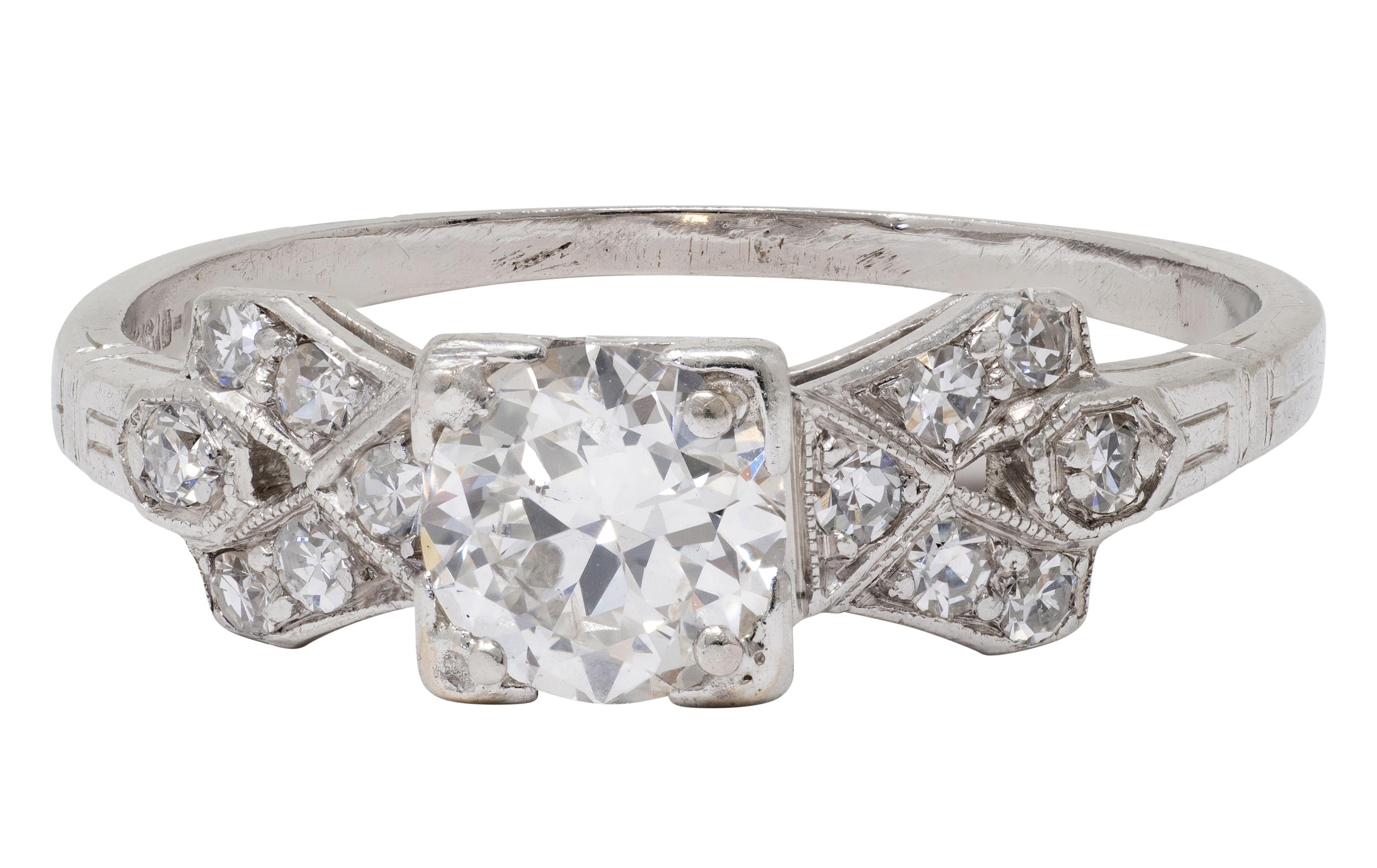Art Deco 0.64 CTW Transitional Cut Diamond Platinum Buckle Engagement Ring