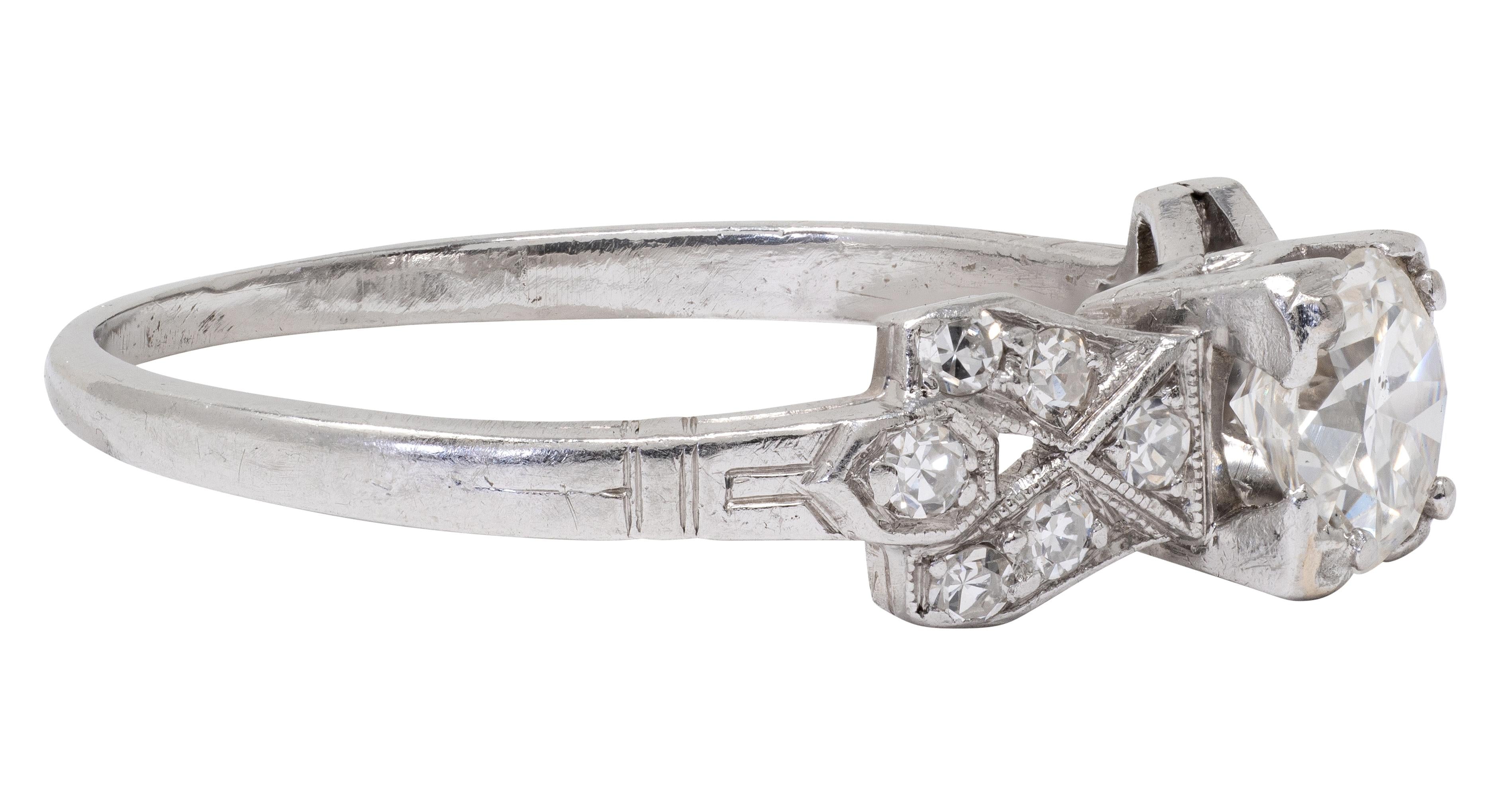 Art Deco 0.64 CTW Transitional Cut Diamond Platinum Buckle Engagement Ring