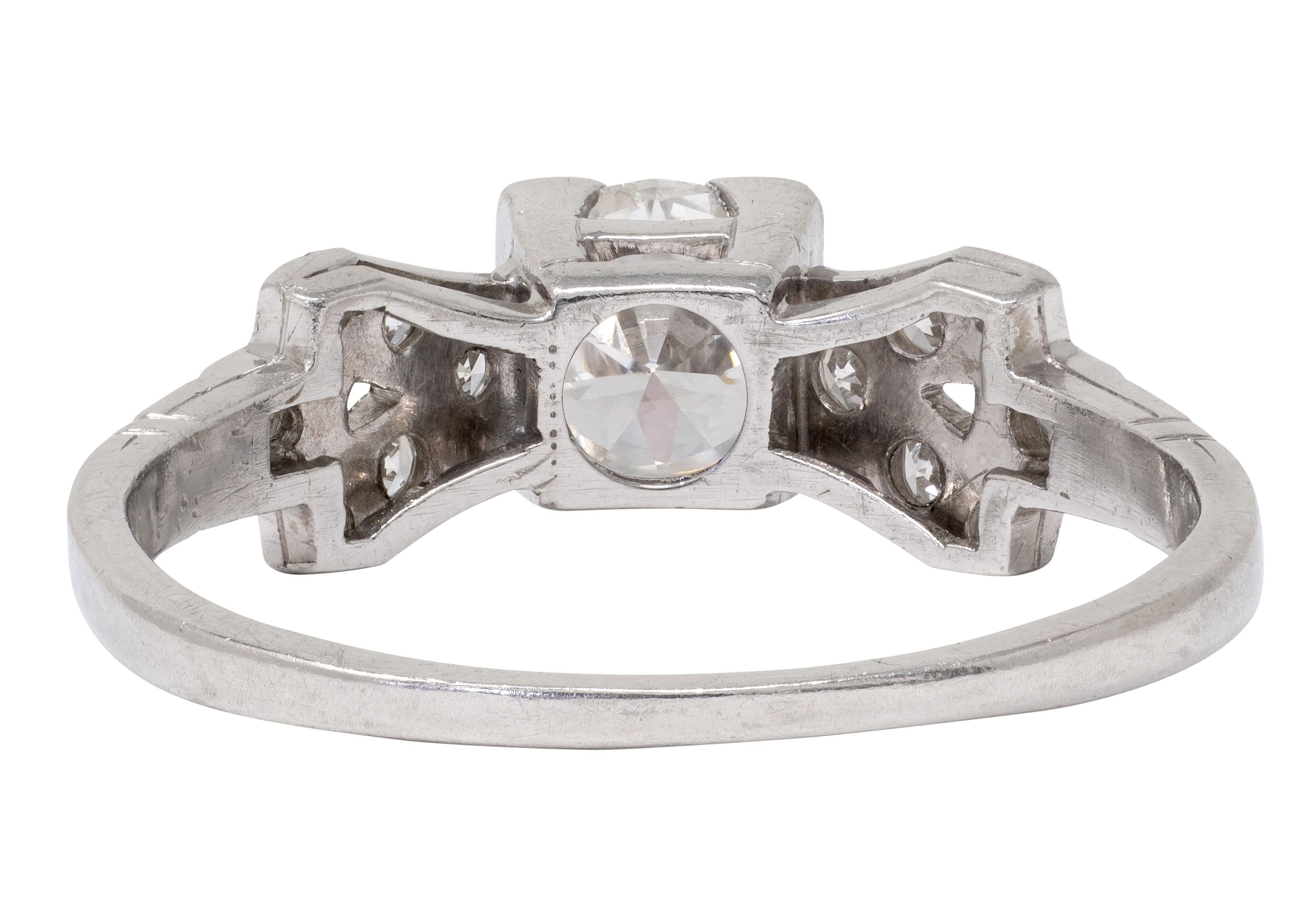 Art Deco 0.64 CTW Transitional Cut Diamond Platinum Buckle Engagement Ring