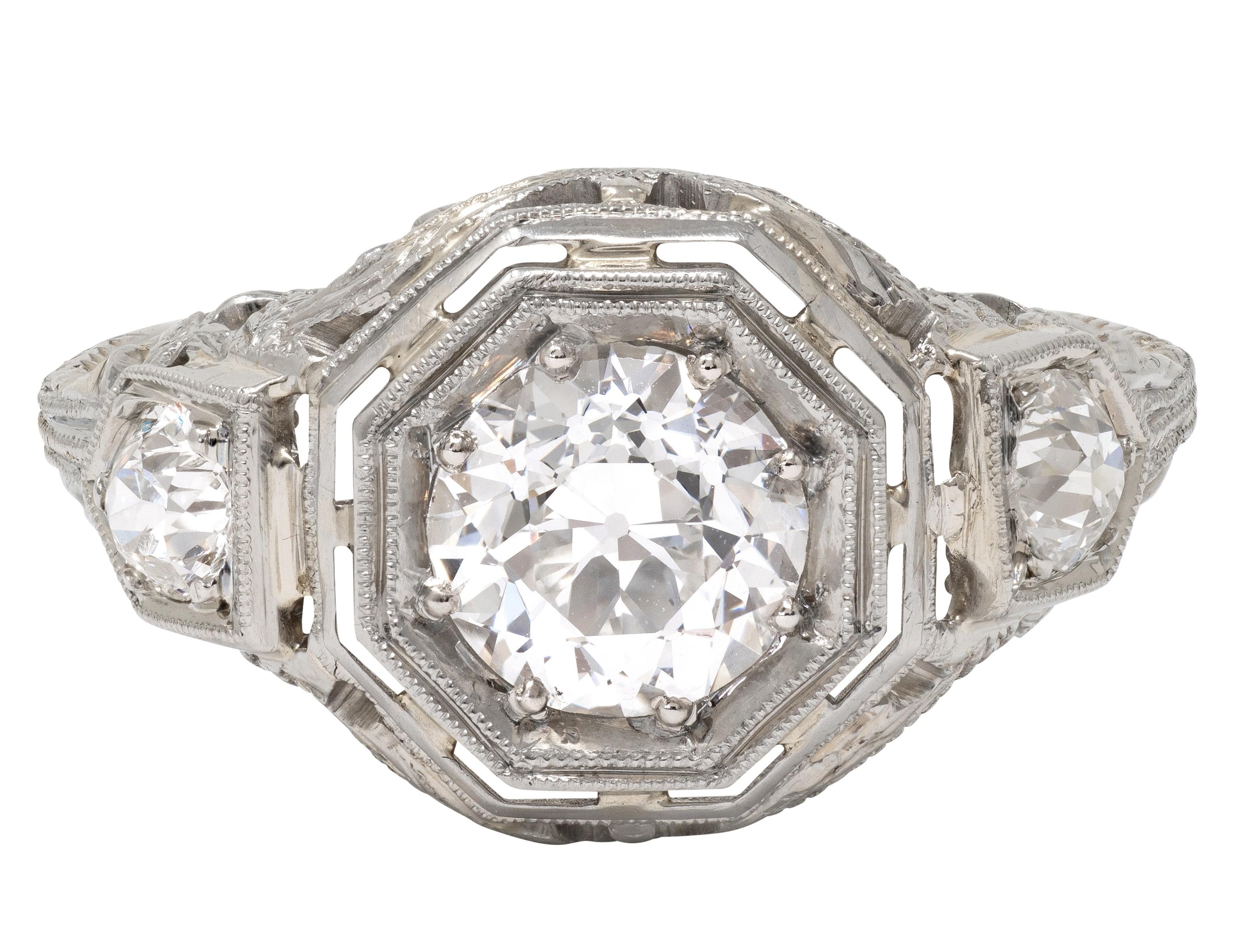 Art Deco Old European Diamond 18 Karat White Gold Vintage Engagement Ring GIA