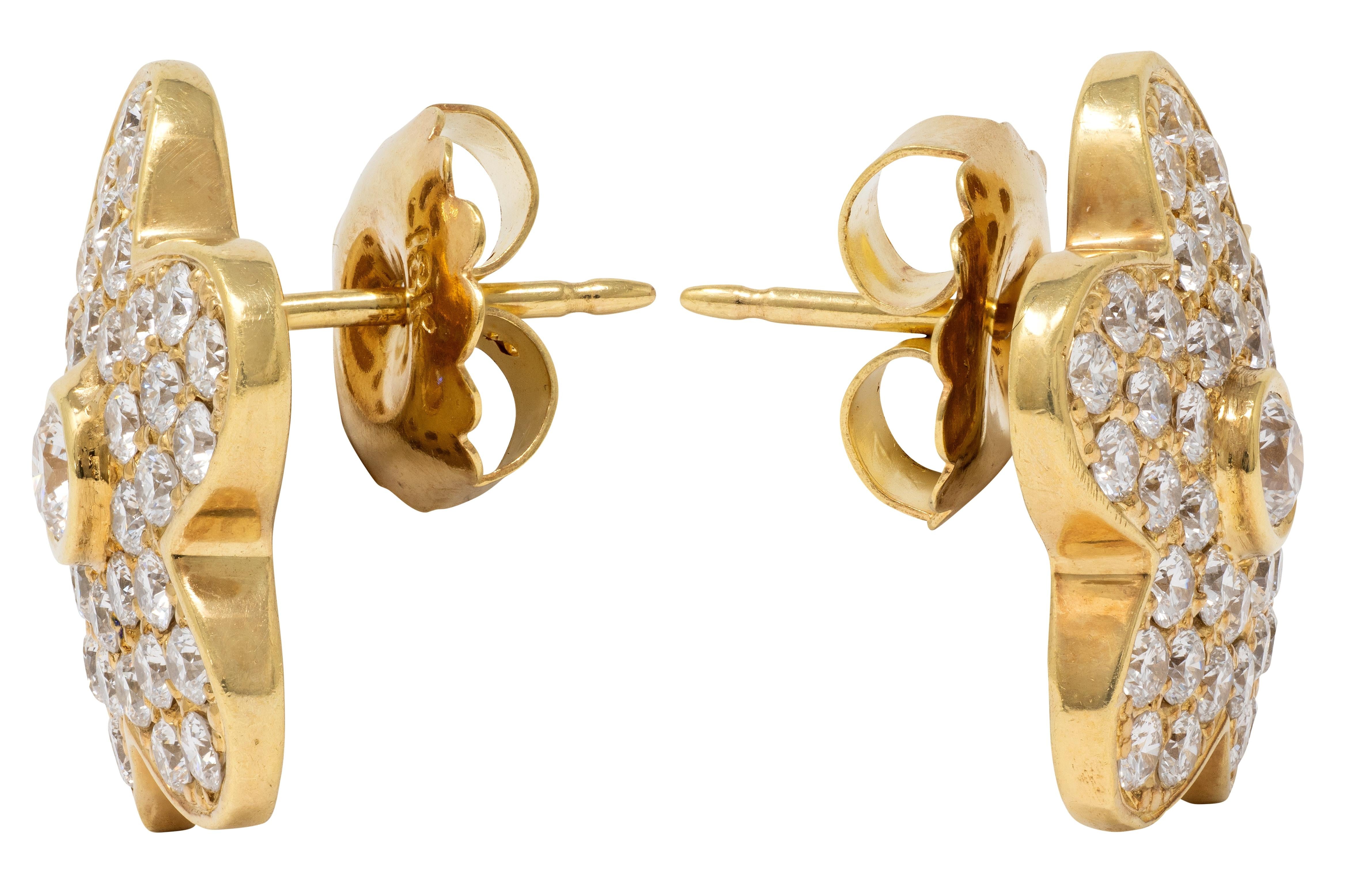 2000's 1.90 CTW Diamond 18 Karat Yellow Gold Contemporary Flower Earrings