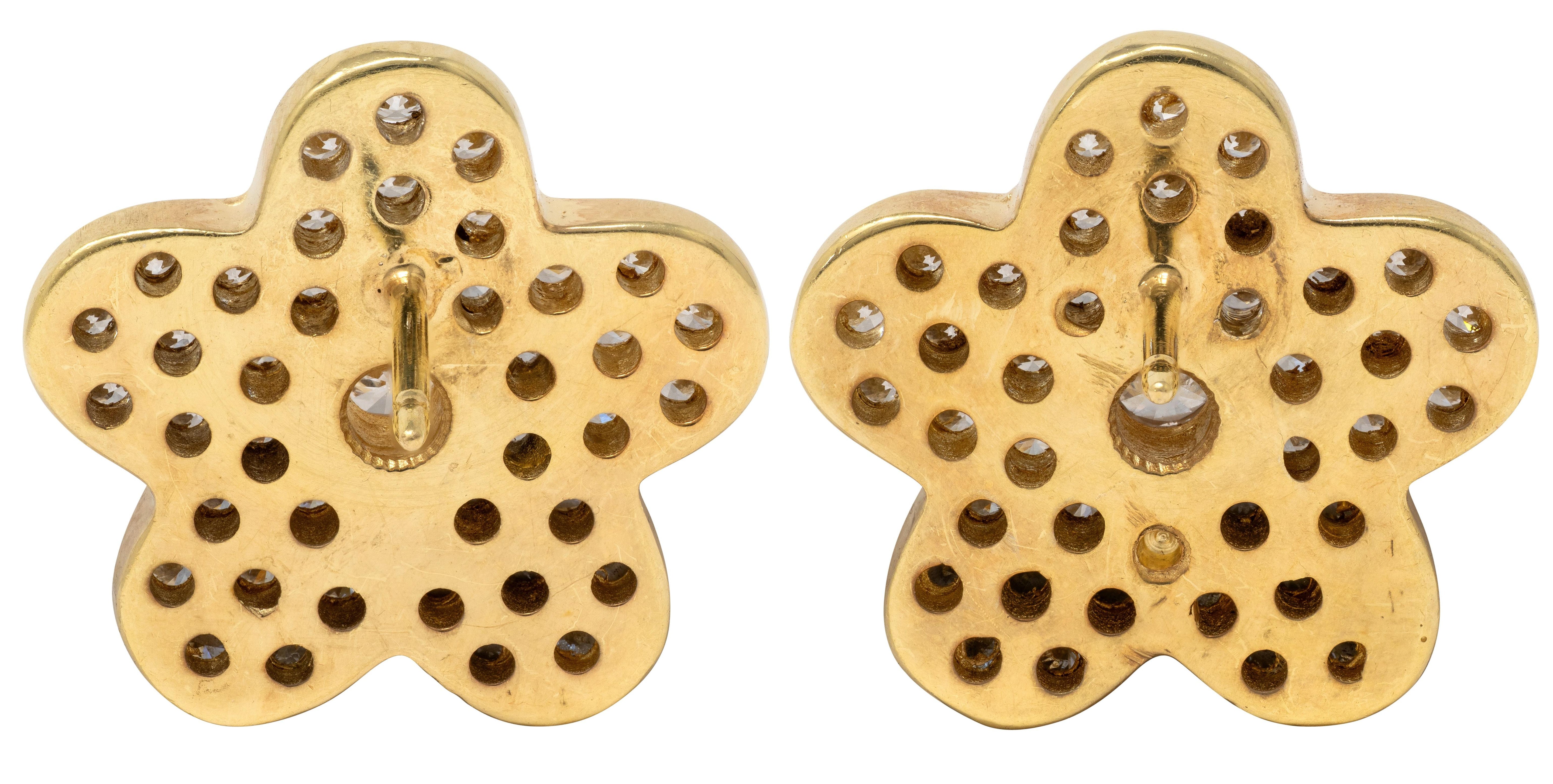 2000's 1.90 CTW Diamond 18 Karat Yellow Gold Contemporary Flower Earrings