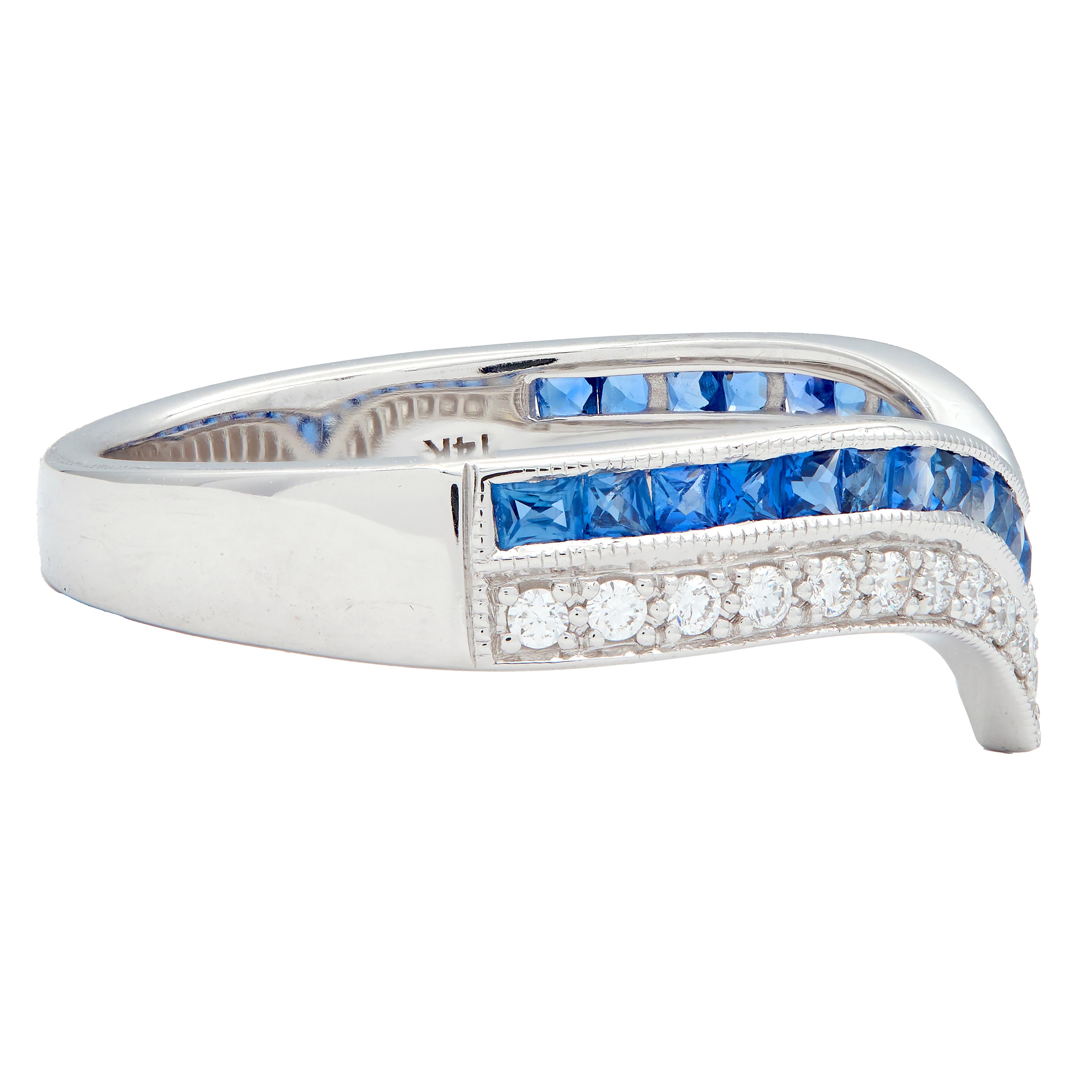 Contemporary French Cut Sapphire Diamond 14K Gold Chevron Contour Band Ring