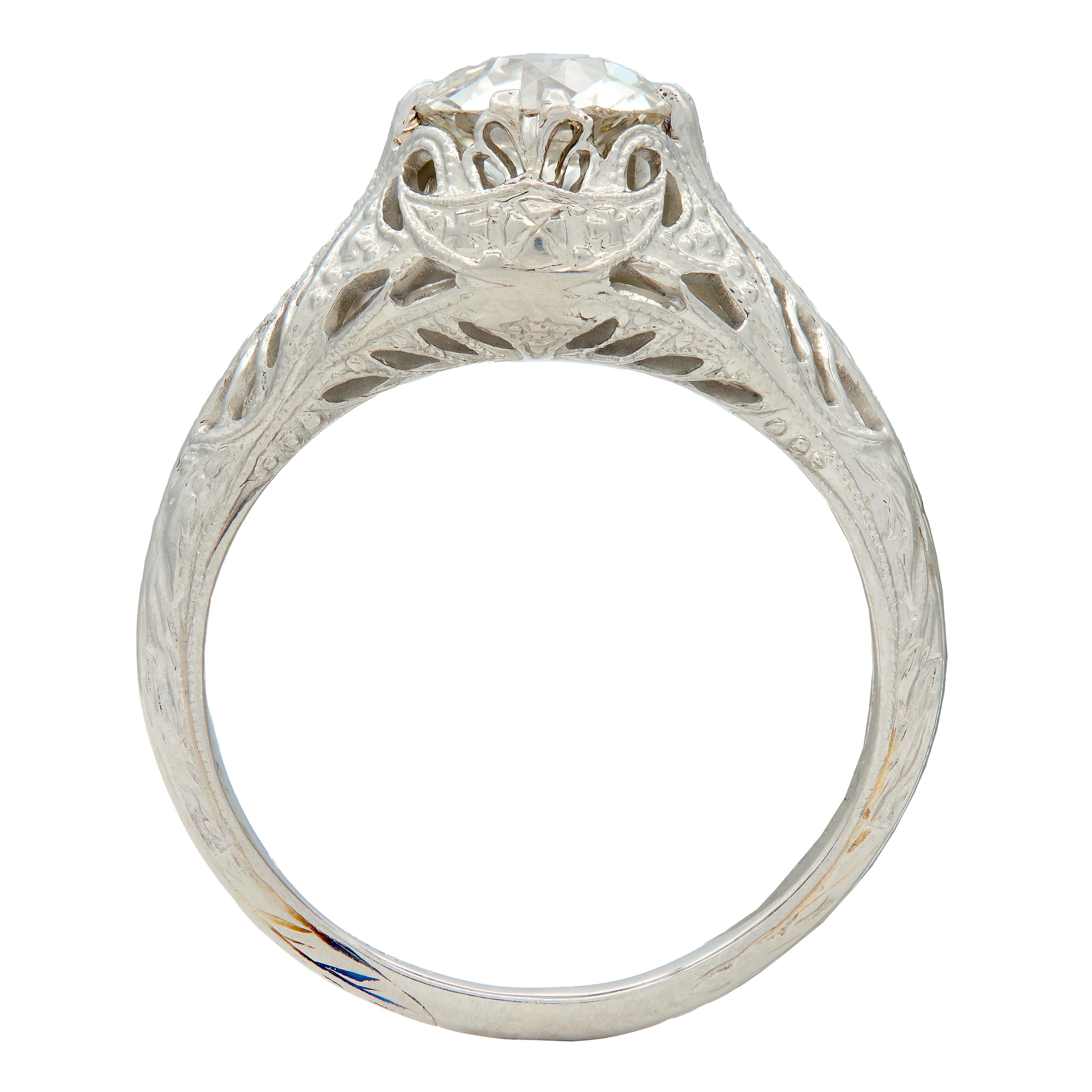 Art Deco 1.02 CTW Old European Cut Diamond 18 Karat White Gold Engagement Ring
