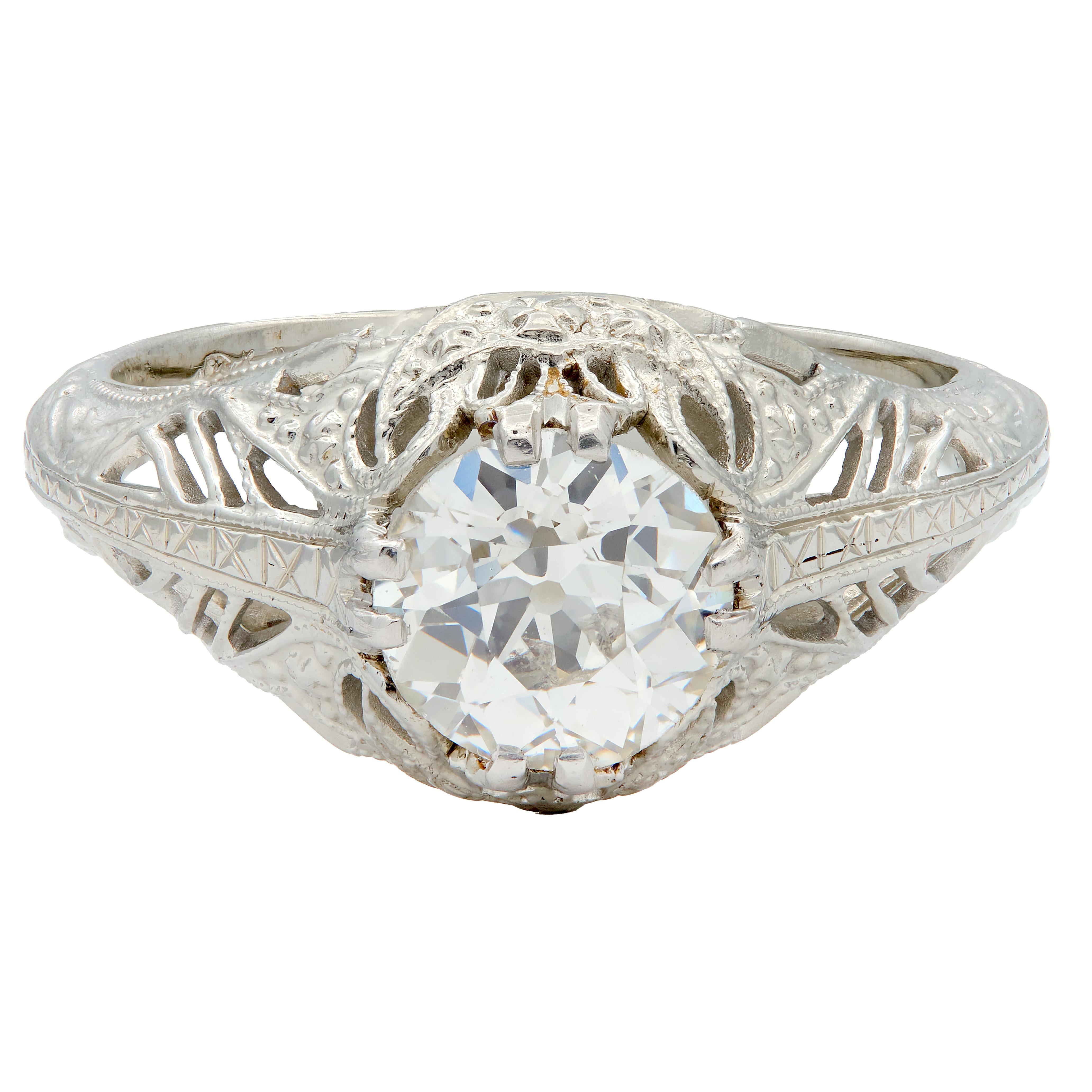 Art Deco 1.02 CTW Old European Cut Diamond 18 Karat White Gold Engagement Ring
