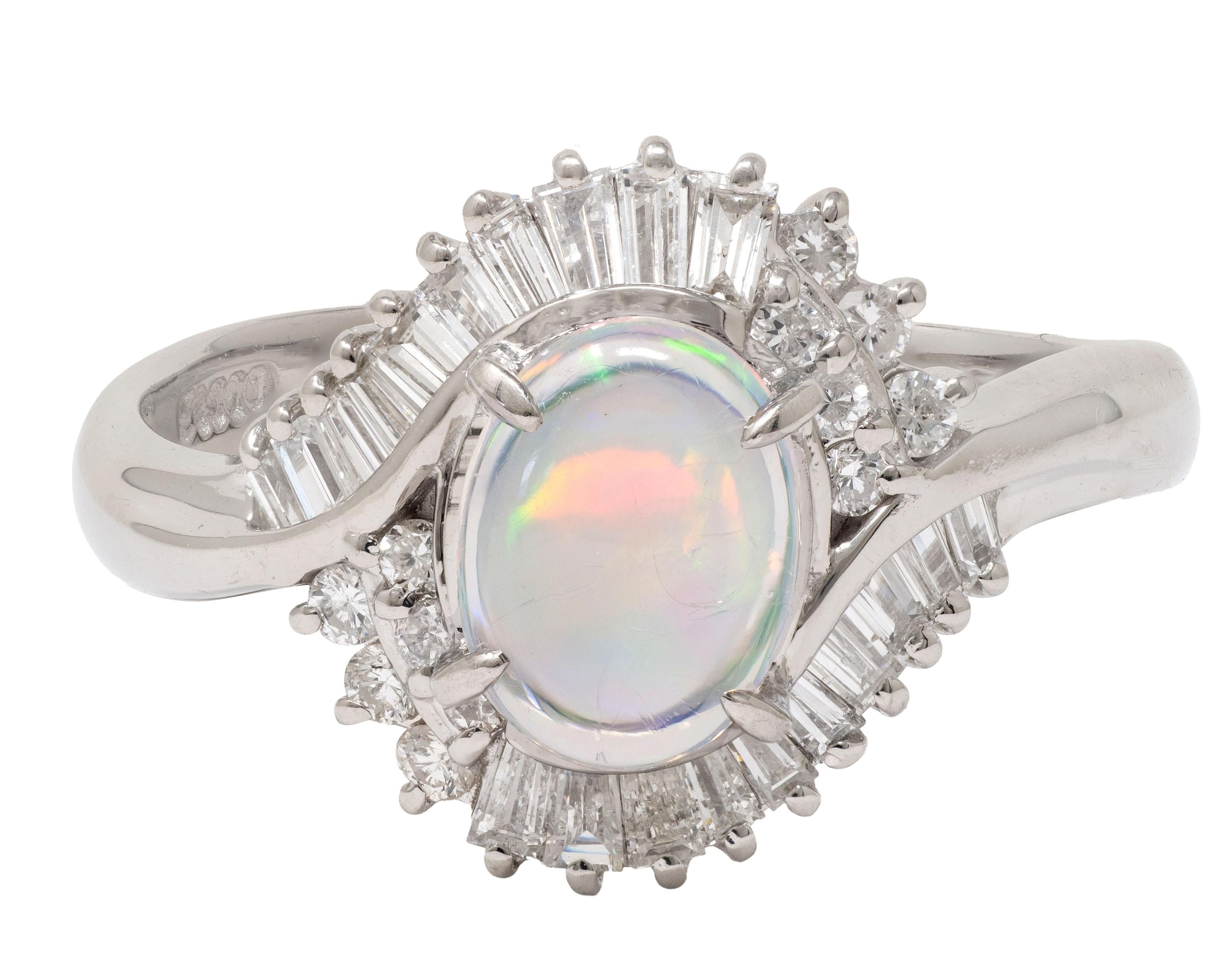 Contemporary Jelly Opal Diamond Platinum Swirl Bypass Cluster Ring