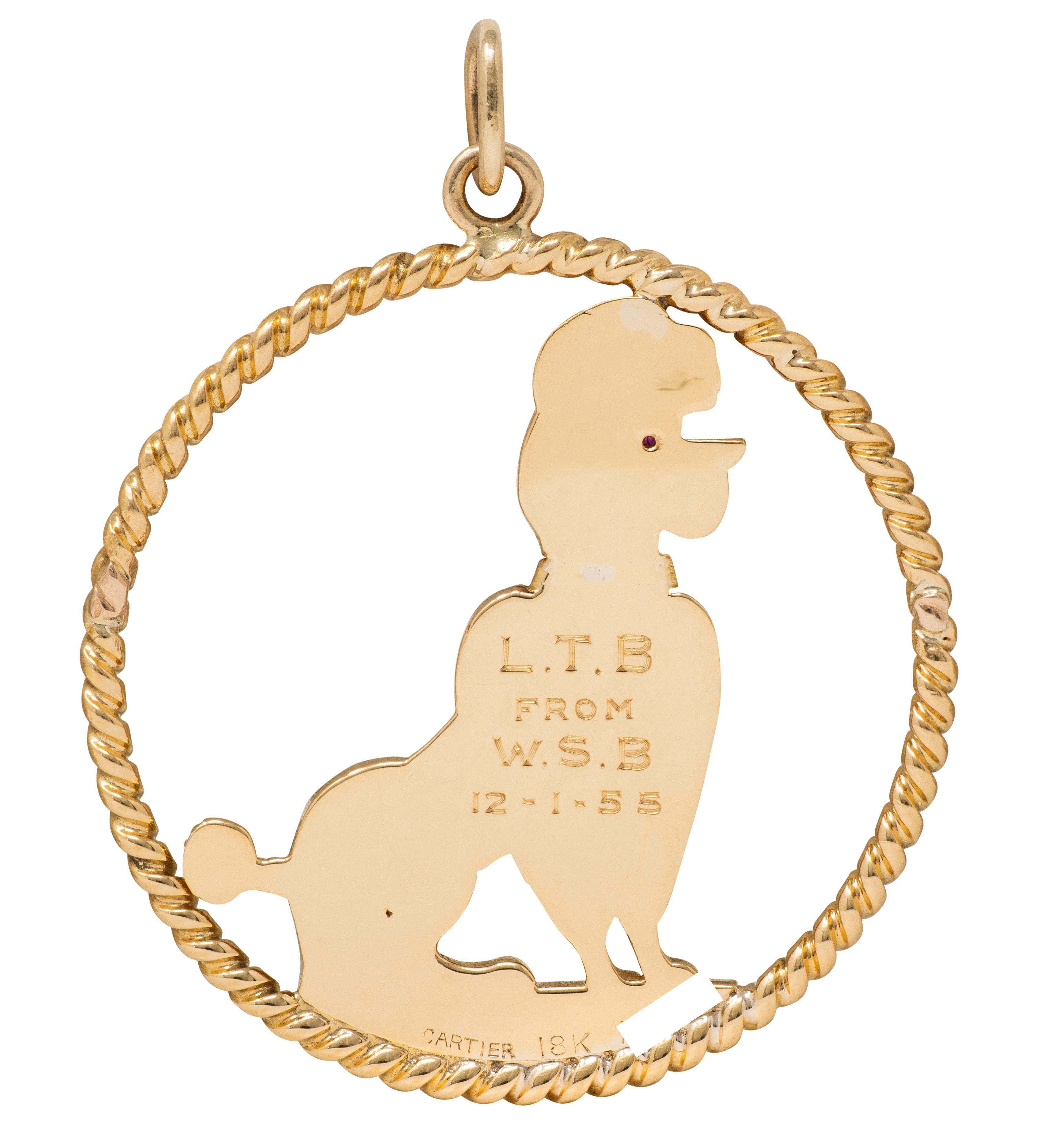 Cartier 1950's Emerald Ruby 18 Karat Yellow Gold Vintage Poodle Dog Pendant