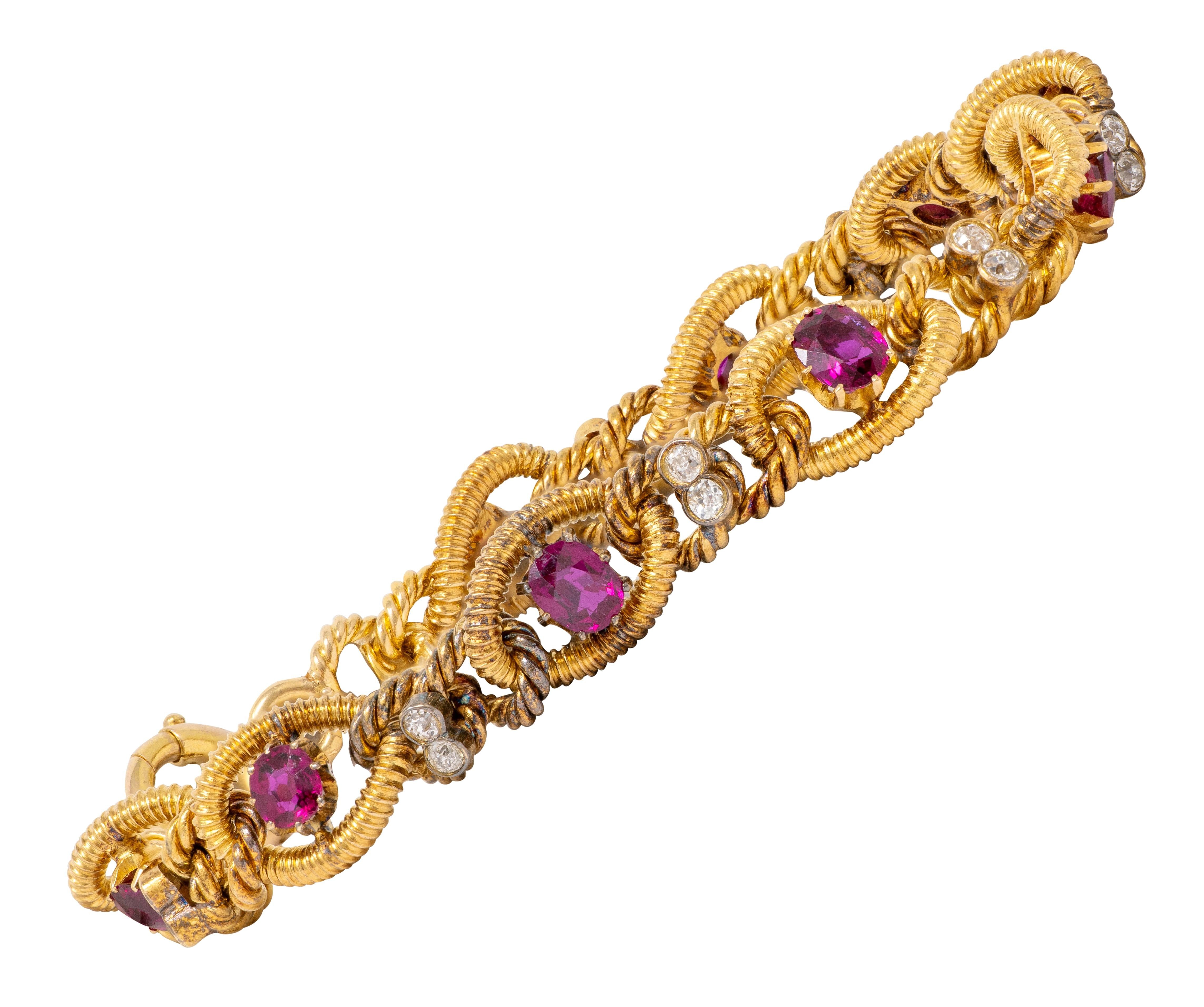 Victorian Diamond Ruby 18 Karat Yellow Gold Antique Twisted Rope Bracelet