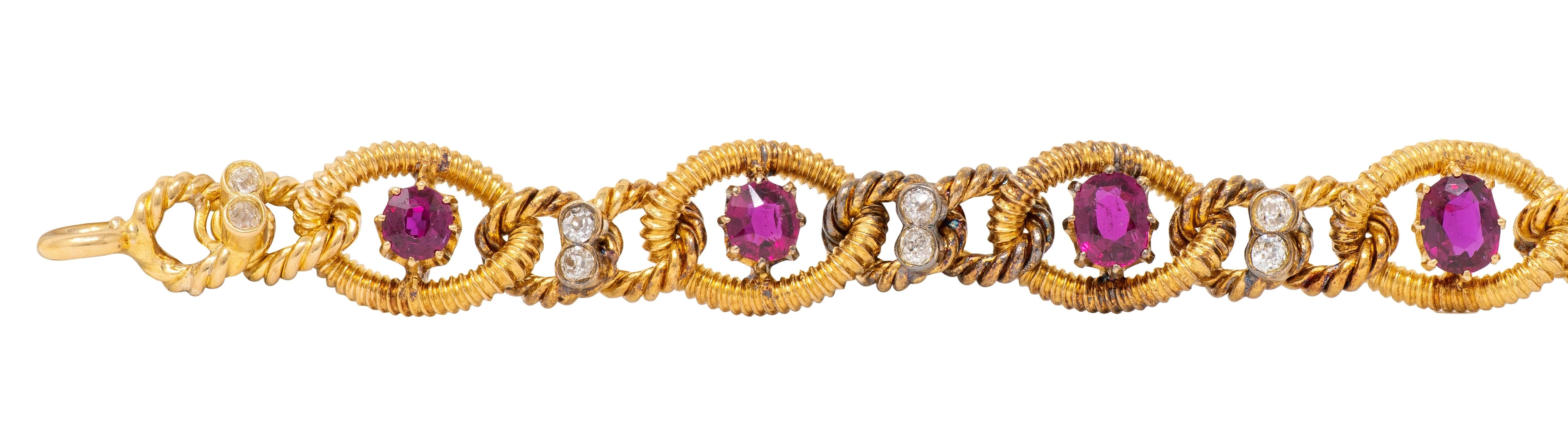 Victorian Diamond Ruby 18 Karat Yellow Gold Antique Twisted Rope Bracelet