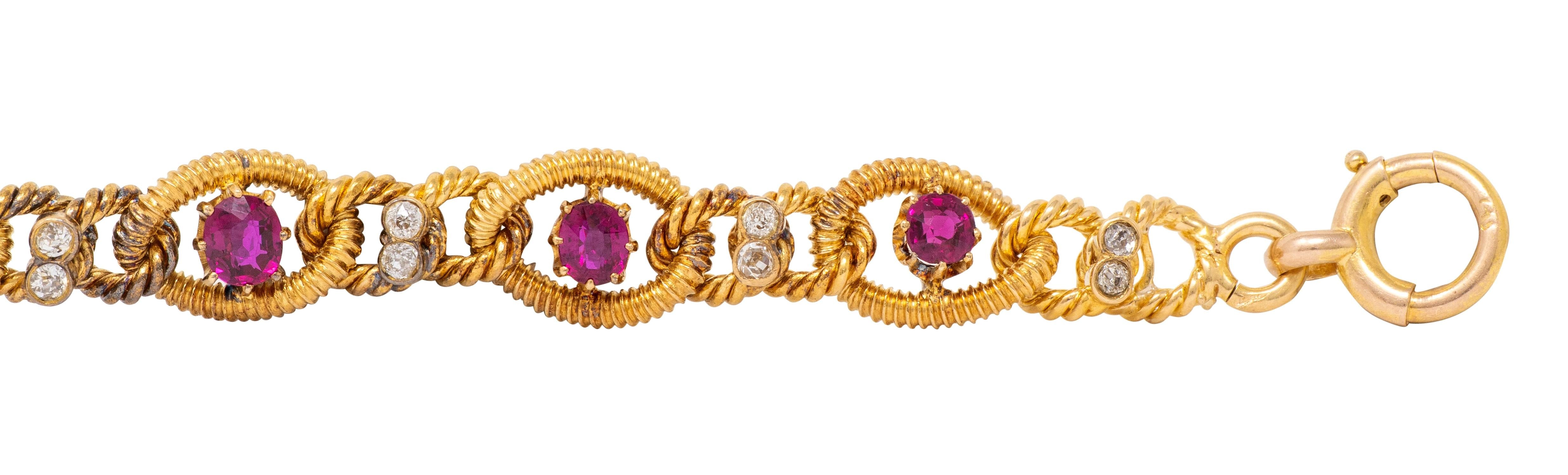 Victorian Diamond Ruby 18 Karat Yellow Gold Antique Twisted Rope Bracelet