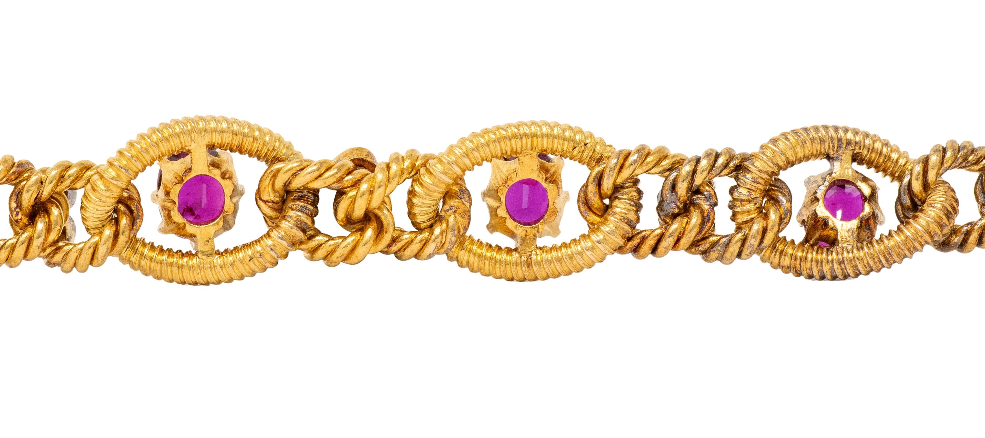 Victorian Diamond Ruby 18 Karat Yellow Gold Antique Twisted Rope Bracelet