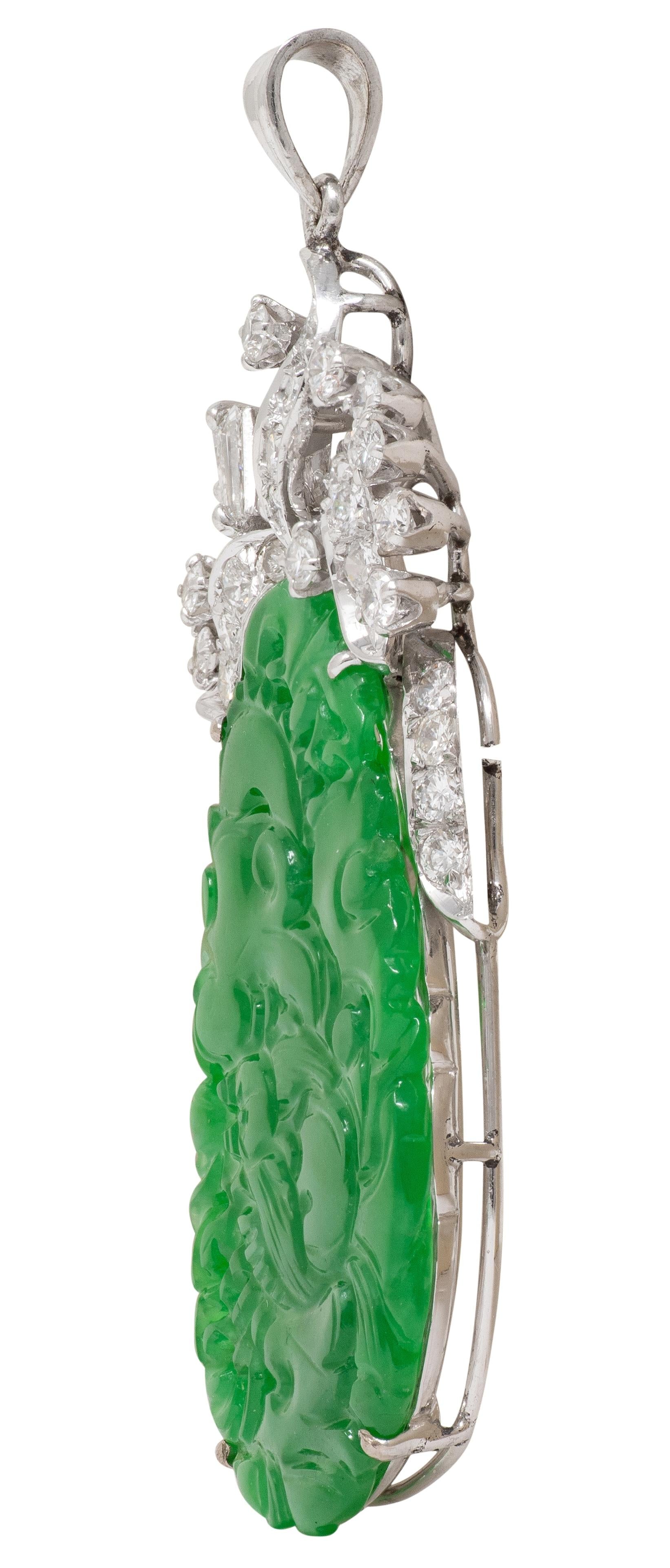 Jadeite Jade Diamond 18K White Gold Carved Dragon Pendant GIA