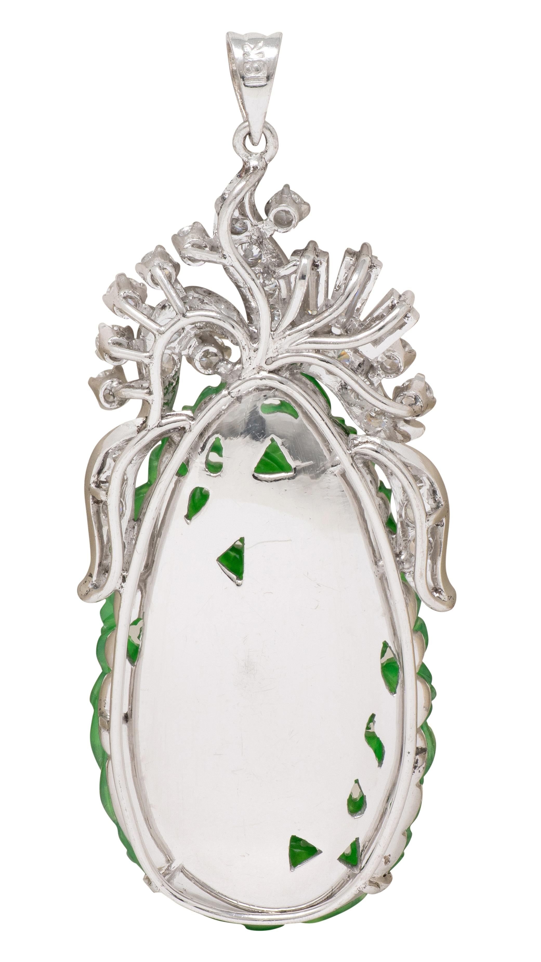 Jadeite Jade Diamond 18K White Gold Carved Dragon Pendant GIA