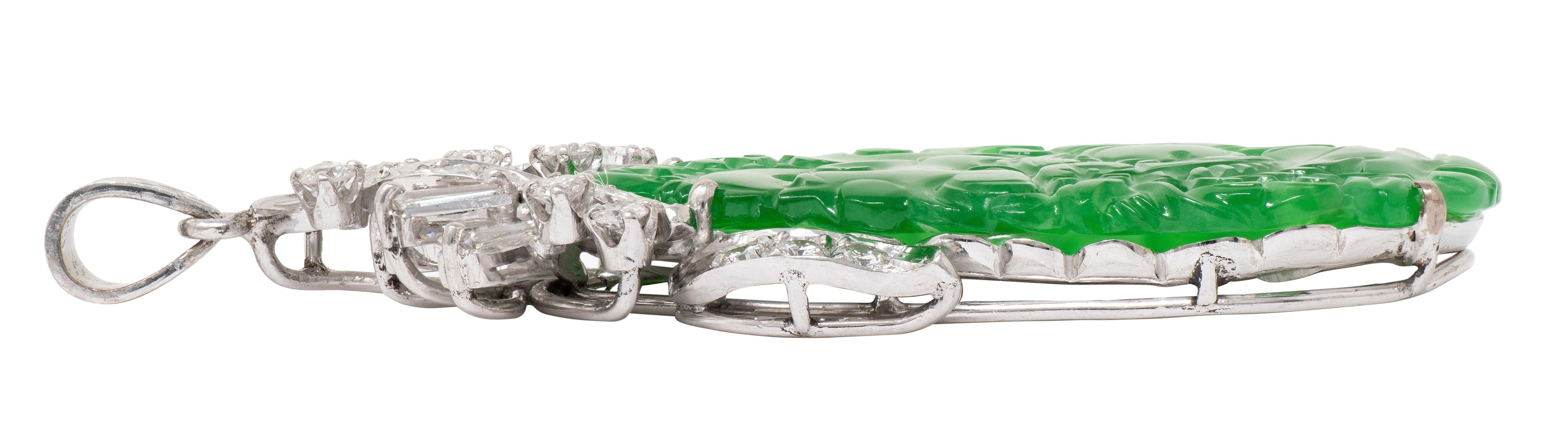 Jadeite Jade Diamond 18K White Gold Carved Dragon Pendant GIA