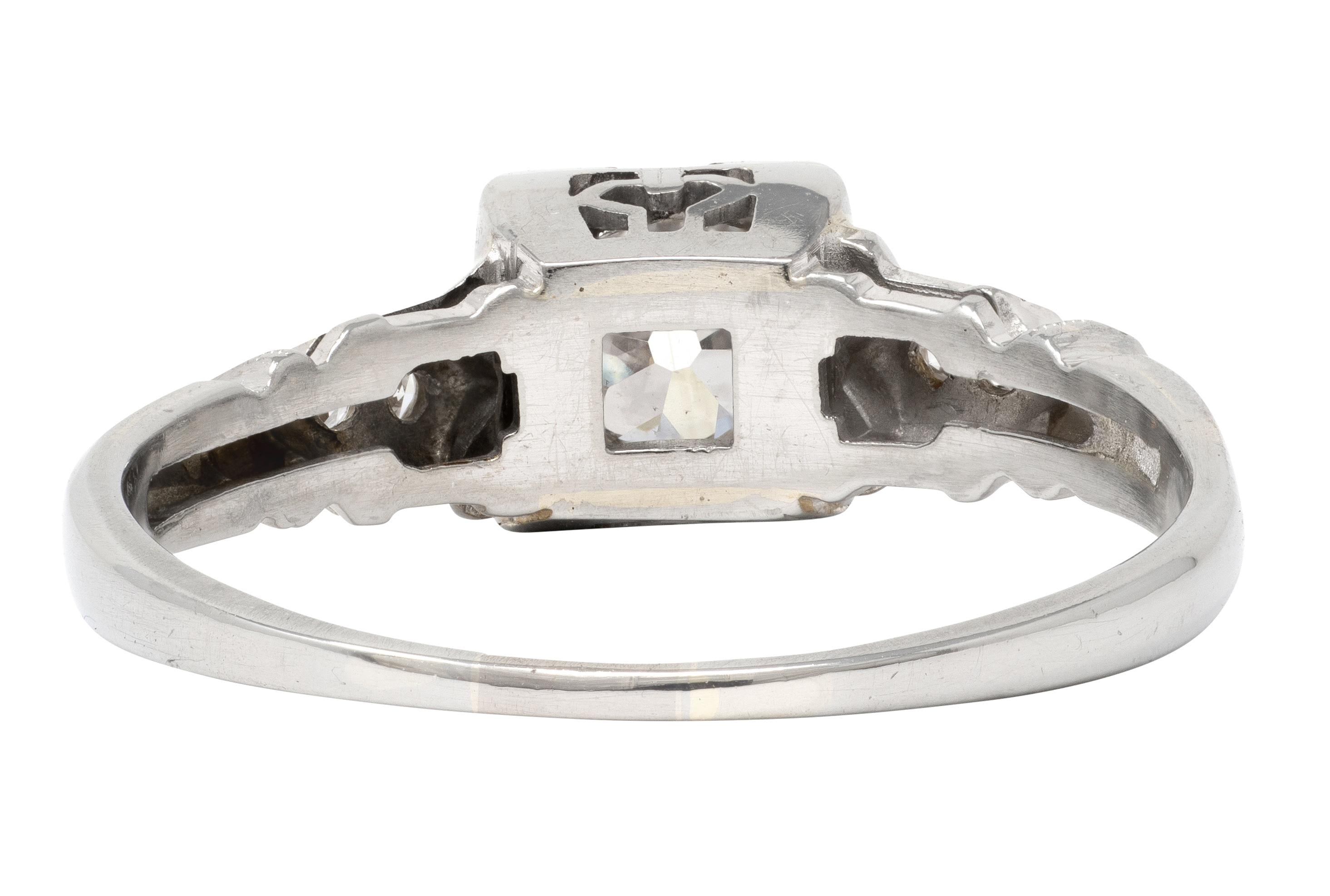 Art Deco Old European Diamond 18 Karat White Gold Vintage Lotus Engagement Ring