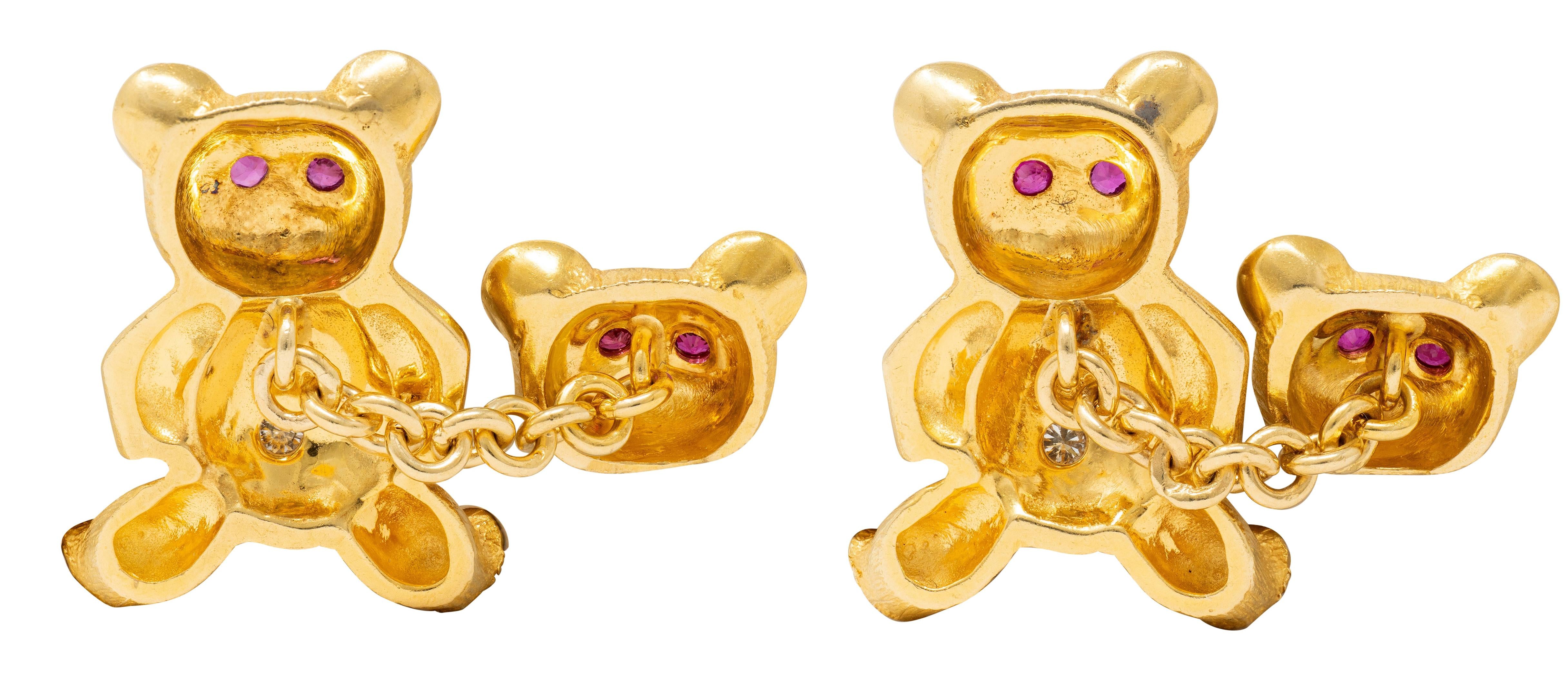 1960's Diamond Ruby 18 Karat Yellow Gold Vintage Teddy Bear Cufflinks