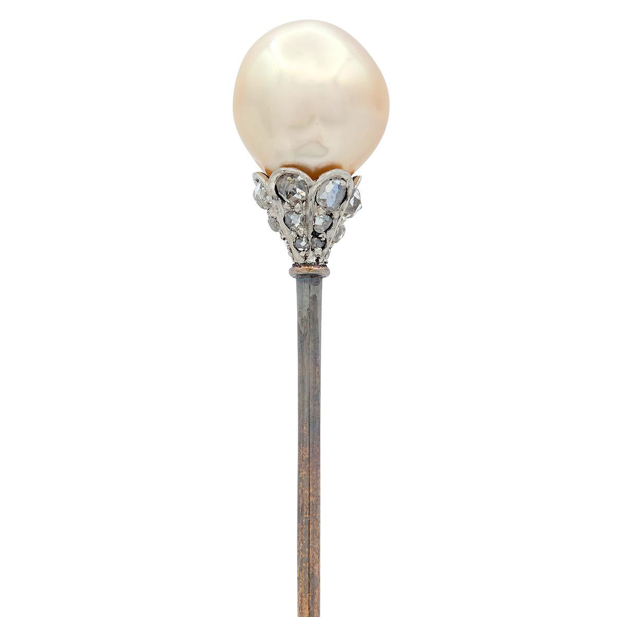 Edwardian Pearl Diamond 14 Karat Yellow Gold Platinum Antique Stickpin GIA