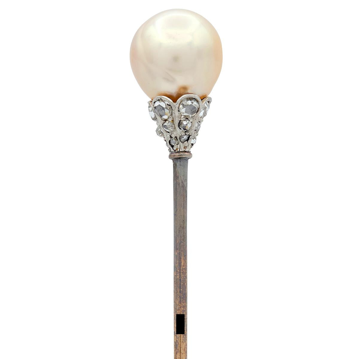 Edwardian Pearl Diamond 14 Karat Yellow Gold Platinum Antique Stickpin GIA