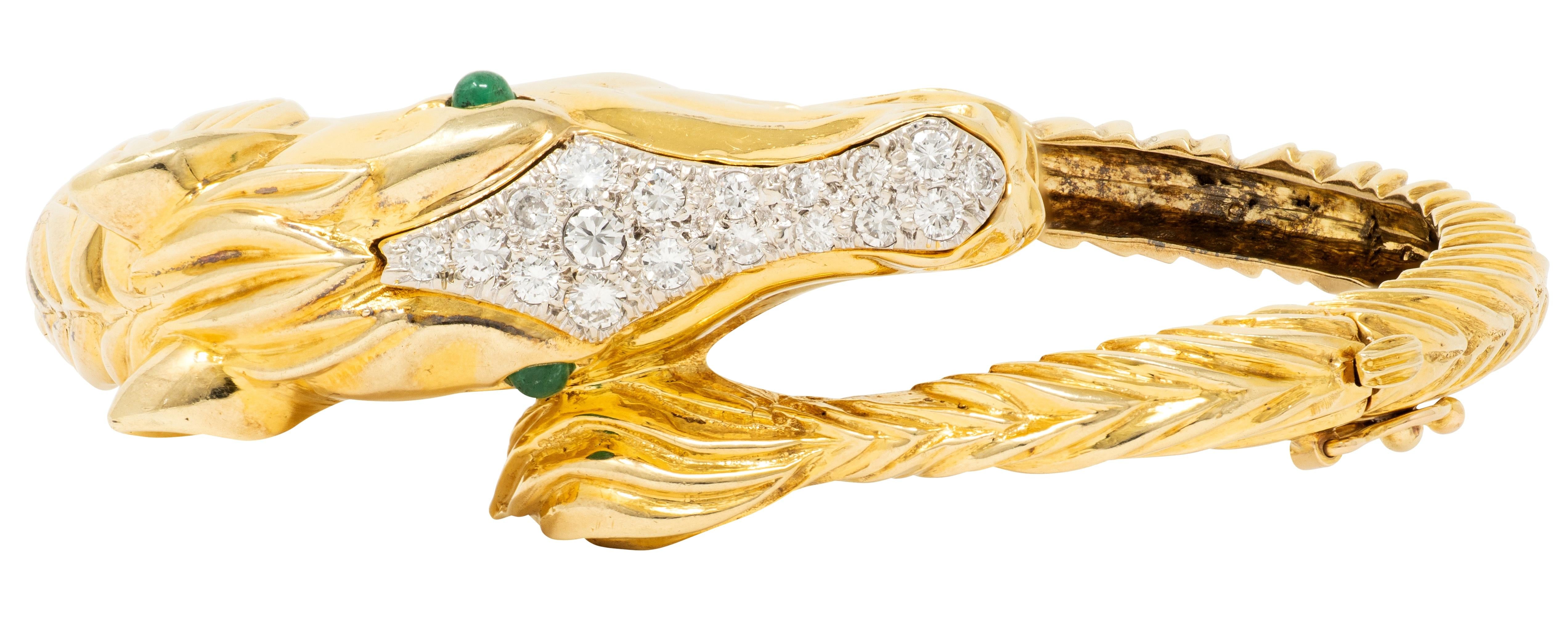 La Triomphe 1980 Emerald Diamond 14K Gold Platinum Vintage Horse Bypass Bracelet