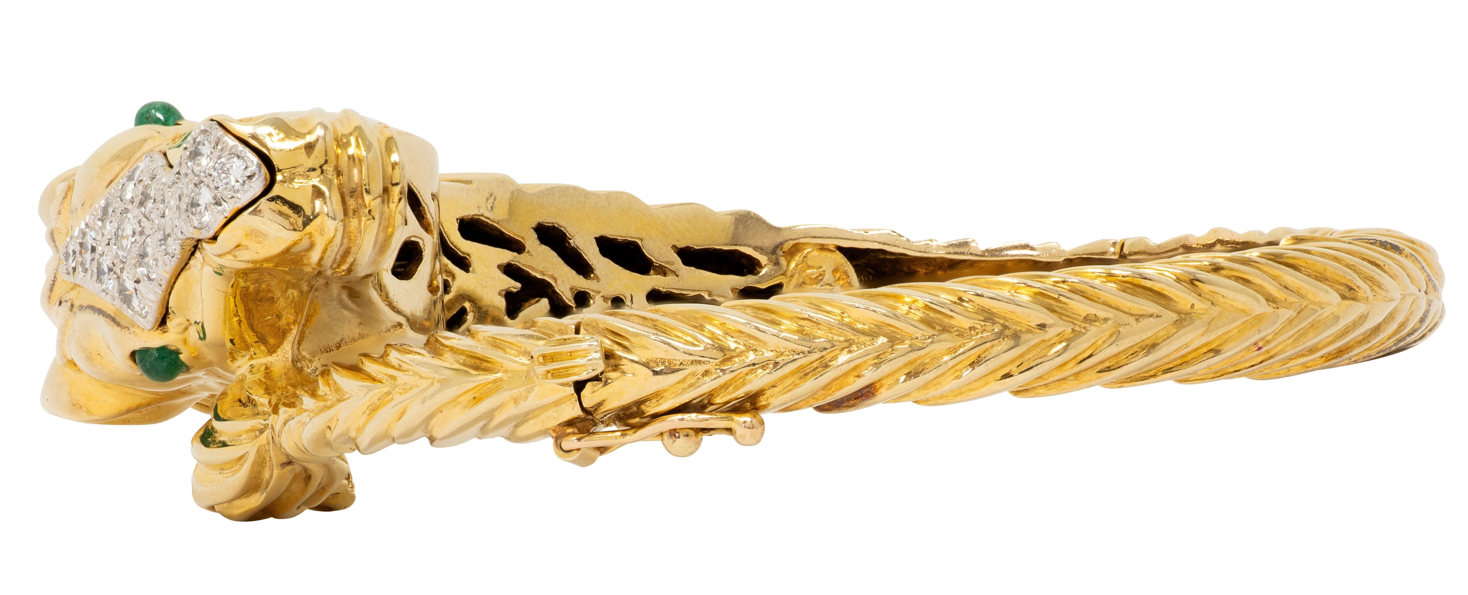 La Triomphe 1980 Emerald Diamond 14K Gold Platinum Vintage Horse Bypass Bracelet