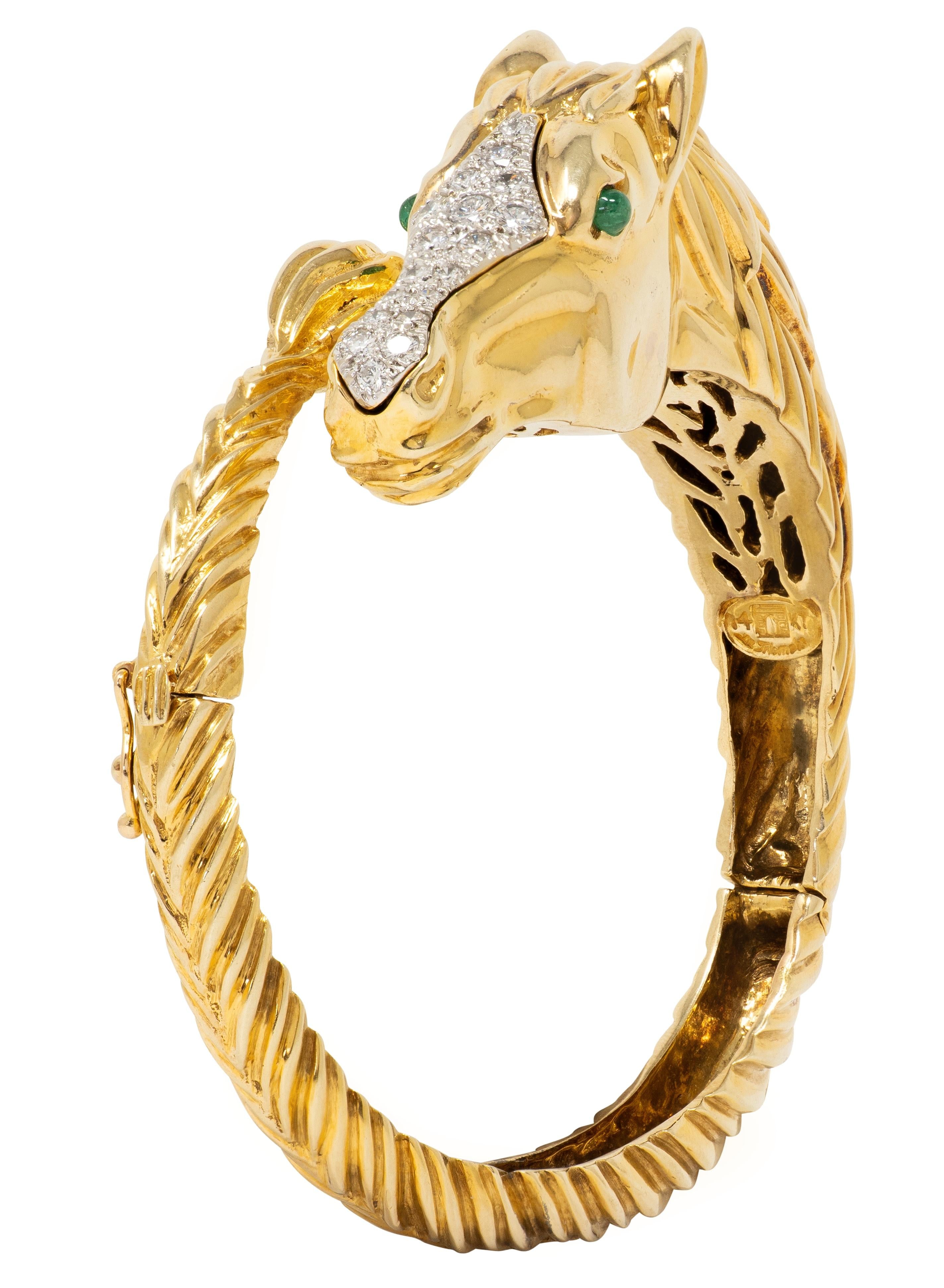 La Triomphe 1980 Emerald Diamond 14K Gold Platinum Vintage Horse Bypass Bracelet
