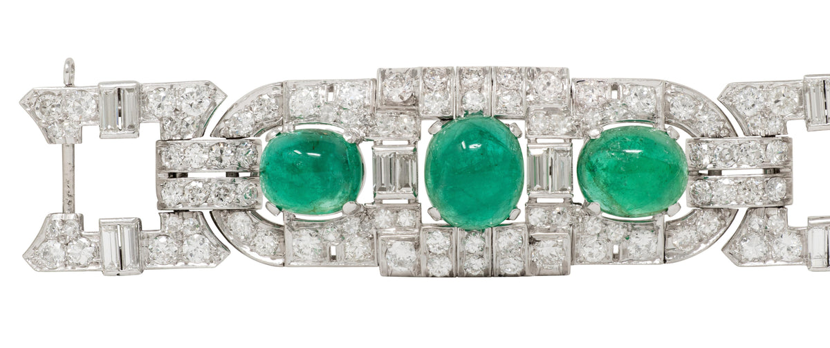 Art Deco 50.70 CTW Emerald Diamond Platinum Vintage Buckle Line Bracelet