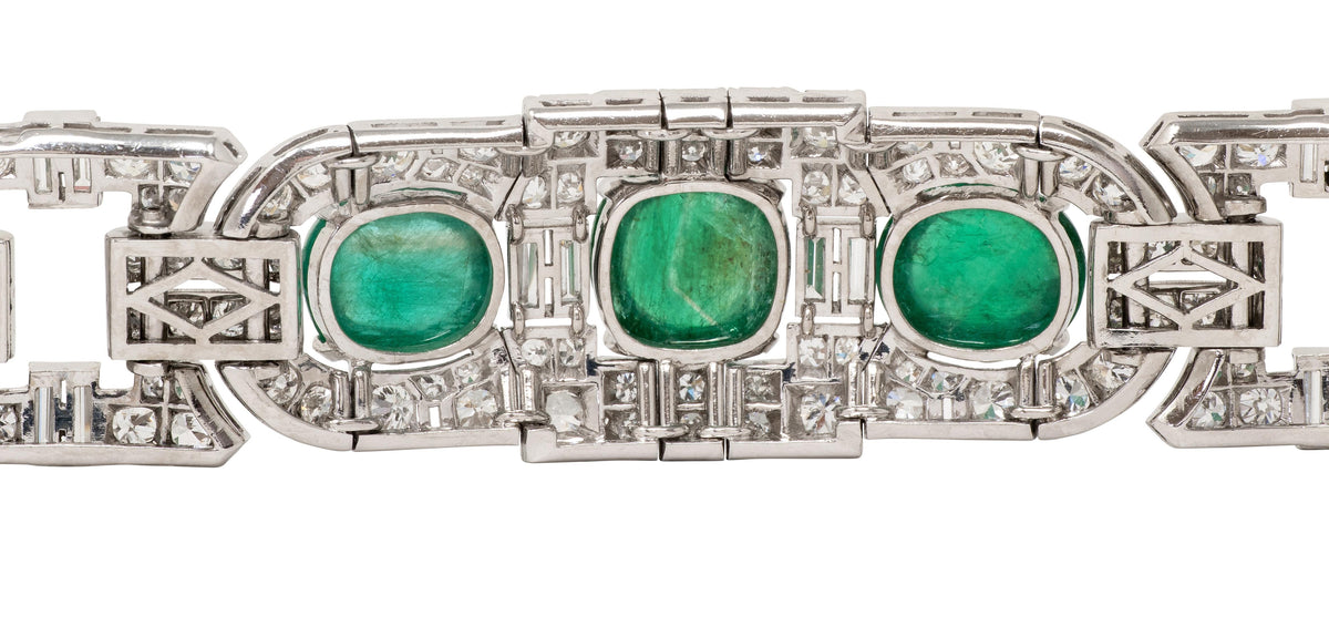 Art Deco 50.70 CTW Emerald Diamond Platinum Vintage Buckle Line Bracelet