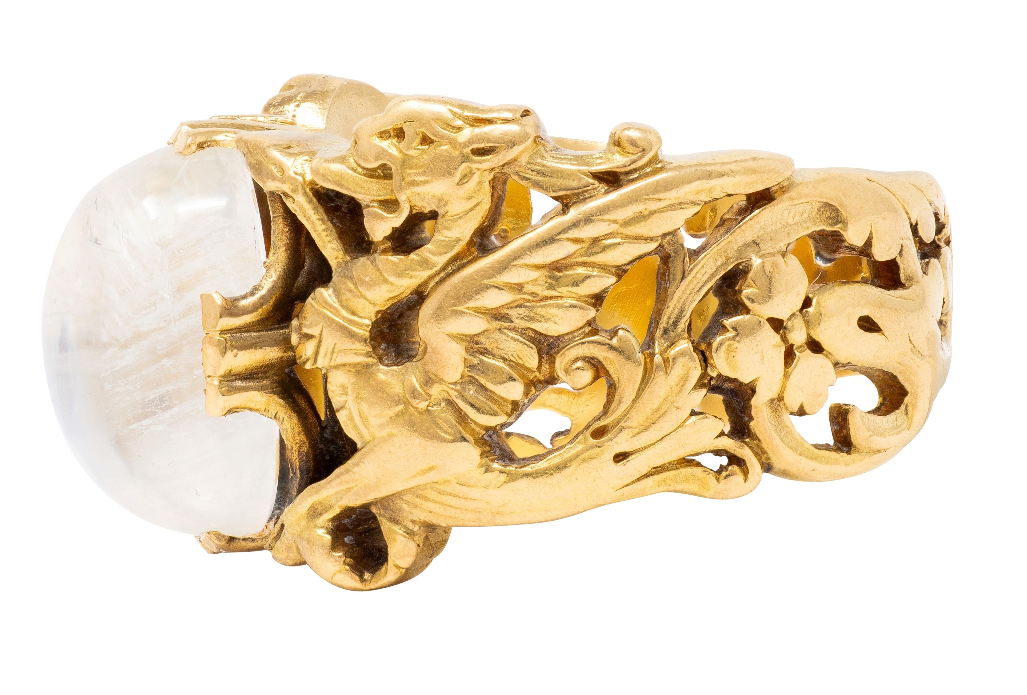Art Nouveau Moonstone 18 Karat Yellow Gold Antique Griffon Unisex Foliate Ring